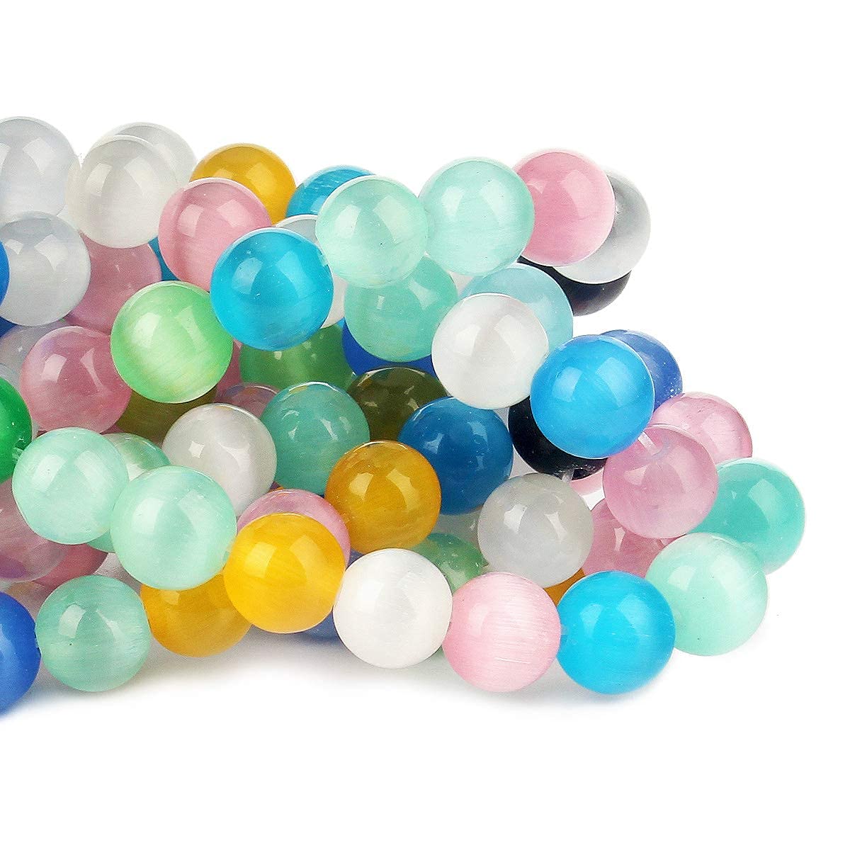70PCS Natural 8MM Healing Gemstone, Synthetic Cat’s Eye Energy Stone Round Loose Beads, Semi-Precious Crystal Beads with Free Elastic String for Jewelry Making DIY