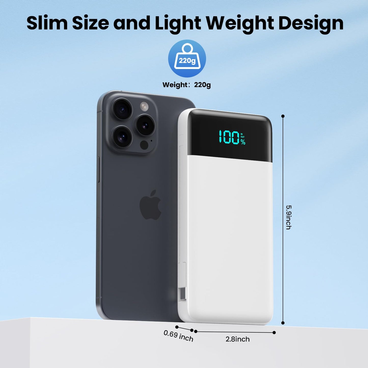 Portable Charger for iPhone with Built-in Cables and Wall Plug,Upgraded 13800mAh Fast Charging USB C Power Bank,4 Outputs Slim Travel Essential Battery Pack for iPhone 17/16/15/14/13,Galaxy,-White