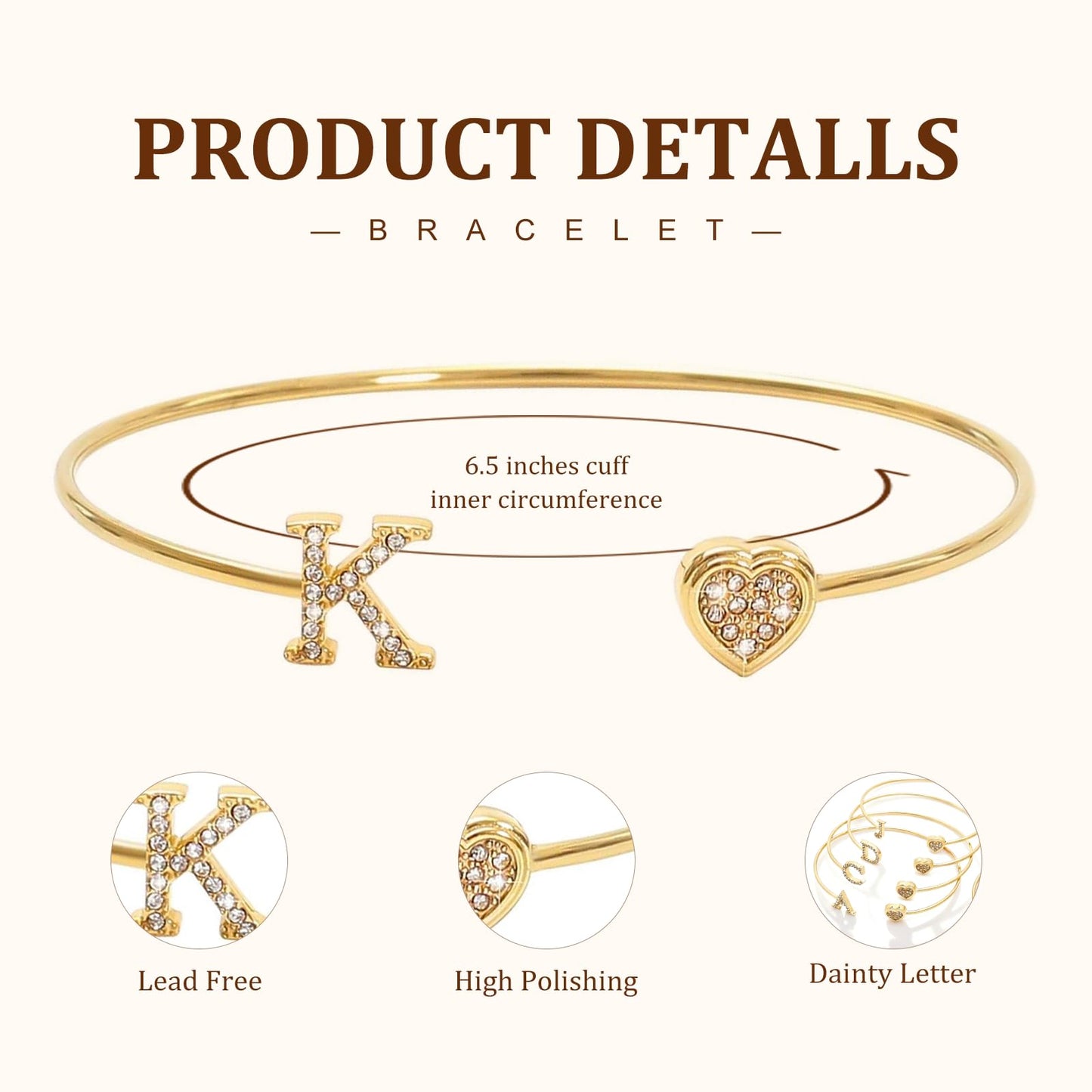 BXDA Trendy Gold Plated Heart Initial K Cuff Bangle Bracelet for Women, Handmade Statement Cubic Zirconia Stackable Open Letter Bracelets Fashion Jewelry Accessories Gift