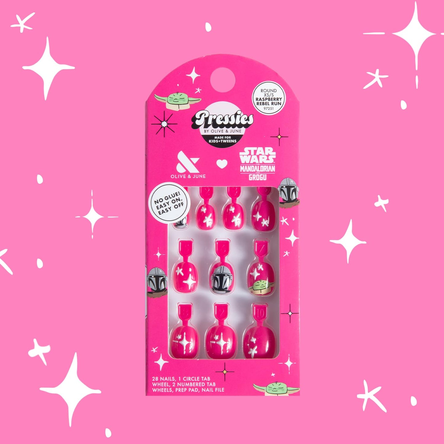Olive & June Pressies Kids Press-On Nails (No Glue) | Star Wars: The Mandalorian & Grogu | 28 Fake Nails, 14 Sizes, 1 Nail File | Easy On-Off Mani Non-Toxic Tabs | XS/S, Round | Raspberry Rebel Run