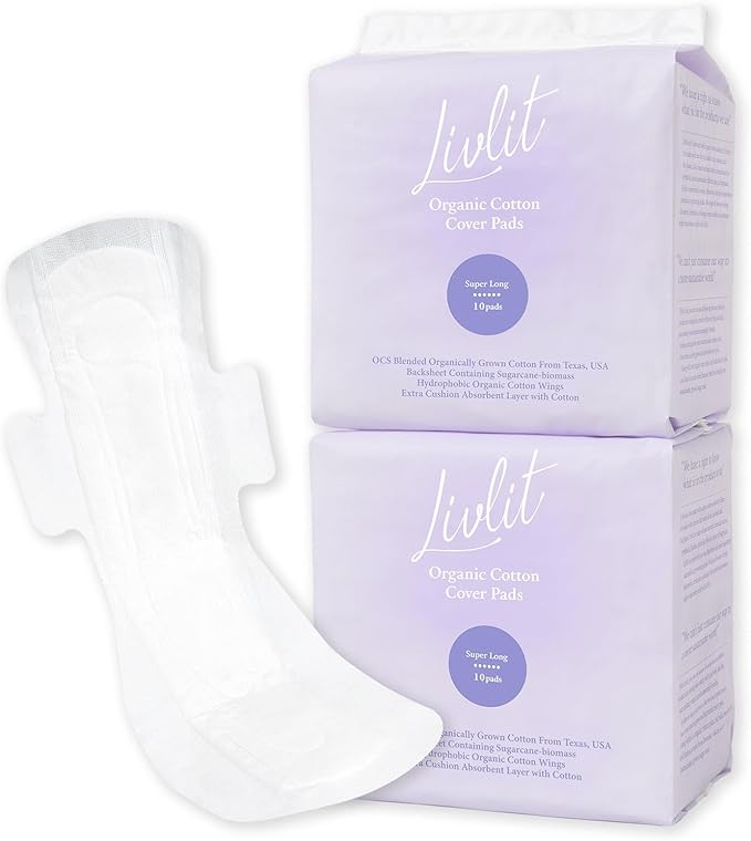 Super Long Overnight Pads Sanitary Pads, 100% Organic Cotton from Texas, Heavy Absorbency, Powerful Leak Protection, Unscented, Extra Long Length Pads for Women (20 Count)