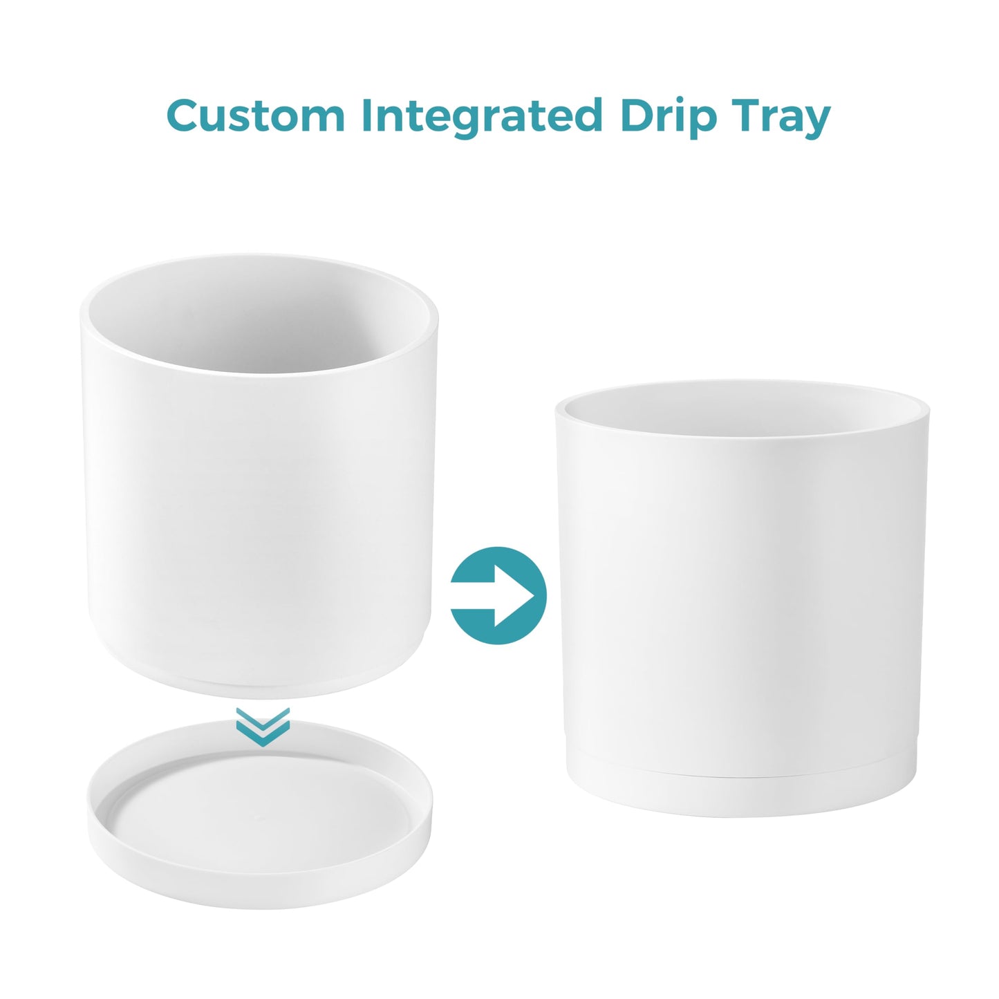 FaithLand 12-Inch Large Modern Cylinder Planter, Thick-Walled Plastic Plant Pot with Drainage Holes and Detachable Saucer, Matte White, Ideal for Indoor & Outdoor Plants Flowers