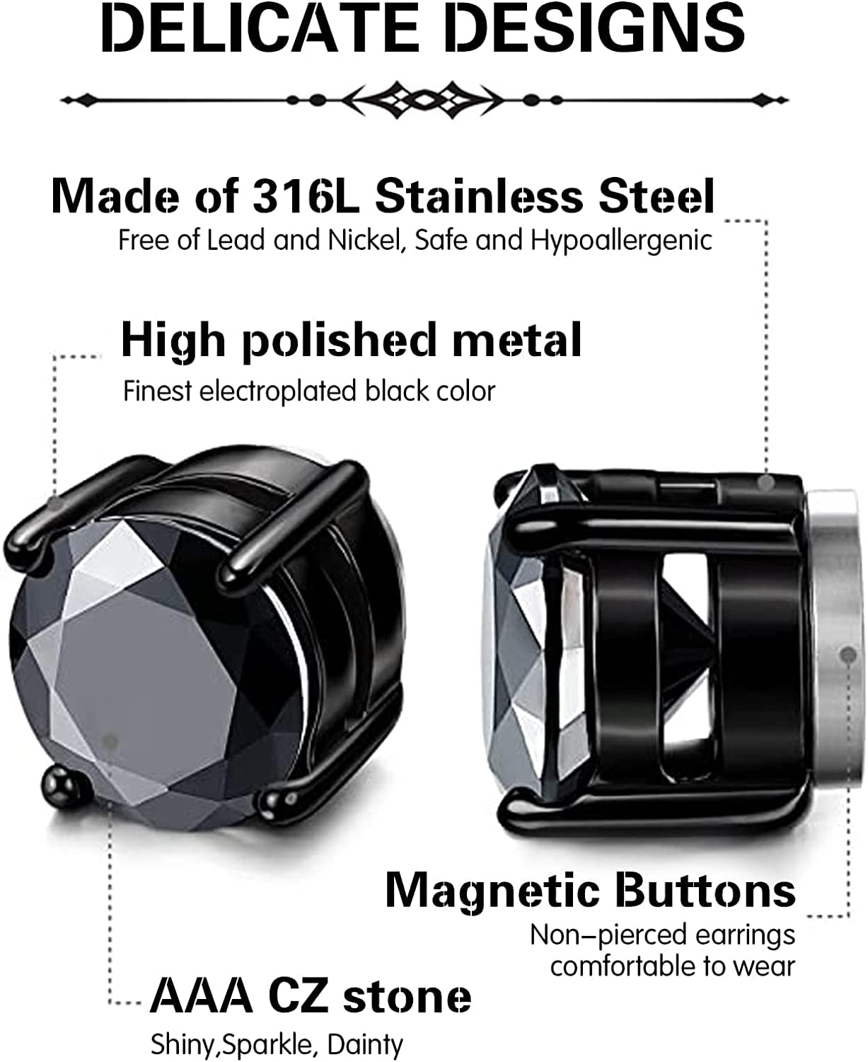 YZstyle 2 Pairs Stainless Steel Magnetic Stud Earrings for Men Women Non-piercing CZ Clip on CZ Earrings Hypoallergenic(Black + Silver)6MM-8MM (8MMBlack + Silver)