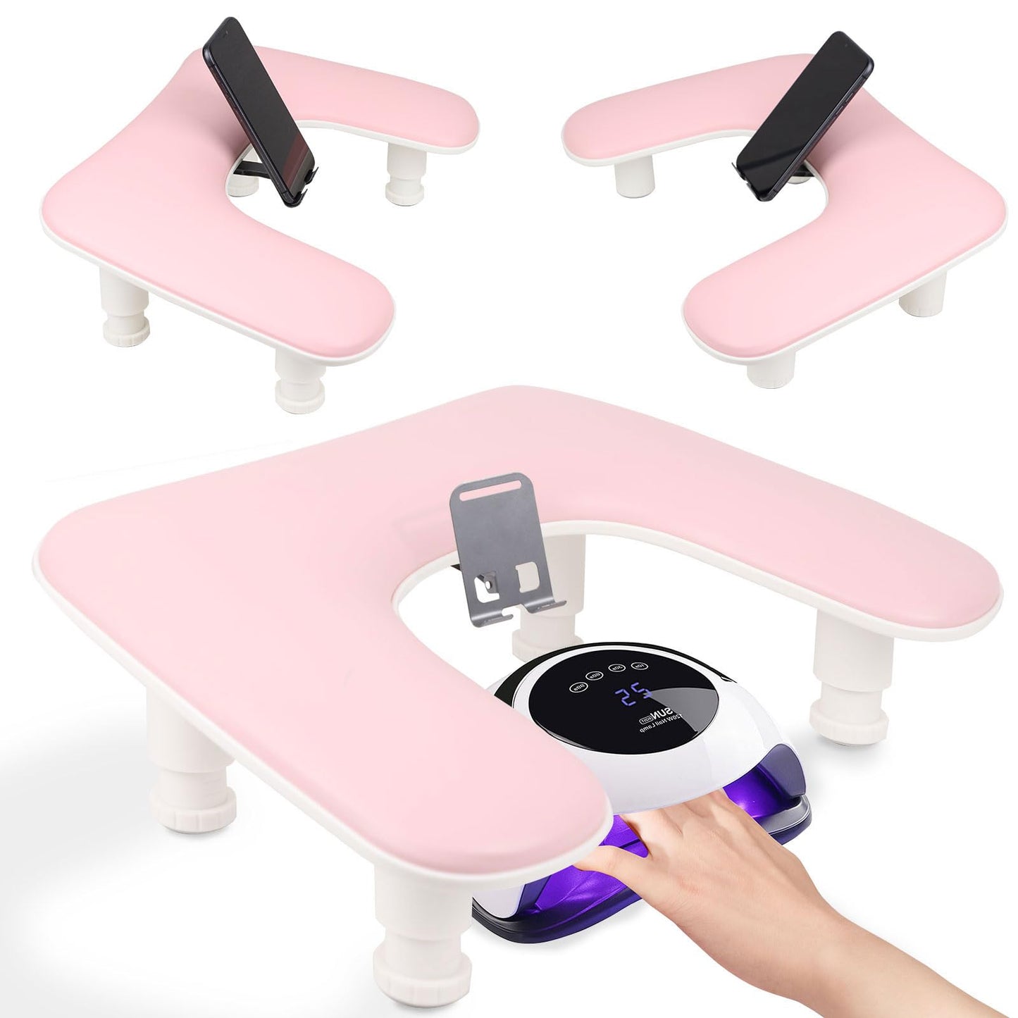 Arm Rest for Nails Tech with a Build-in Phone Holder,U shaped Adjustable Base Manicure Nail Hand Rest Stand Pillow Cushion (Pink)