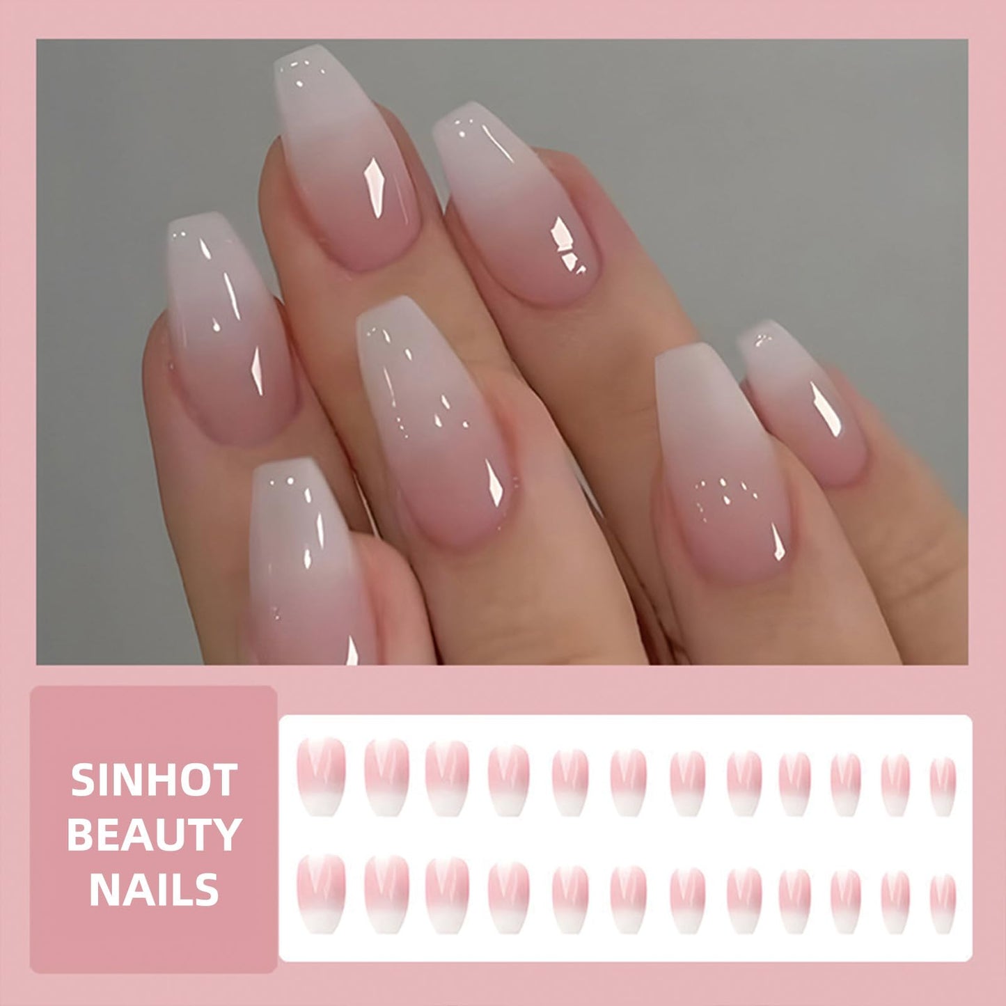 SINHOT Press on Nails - Medium Coffin Shape, Glossy Pink Ombre Gradient, 24 pcs with Design