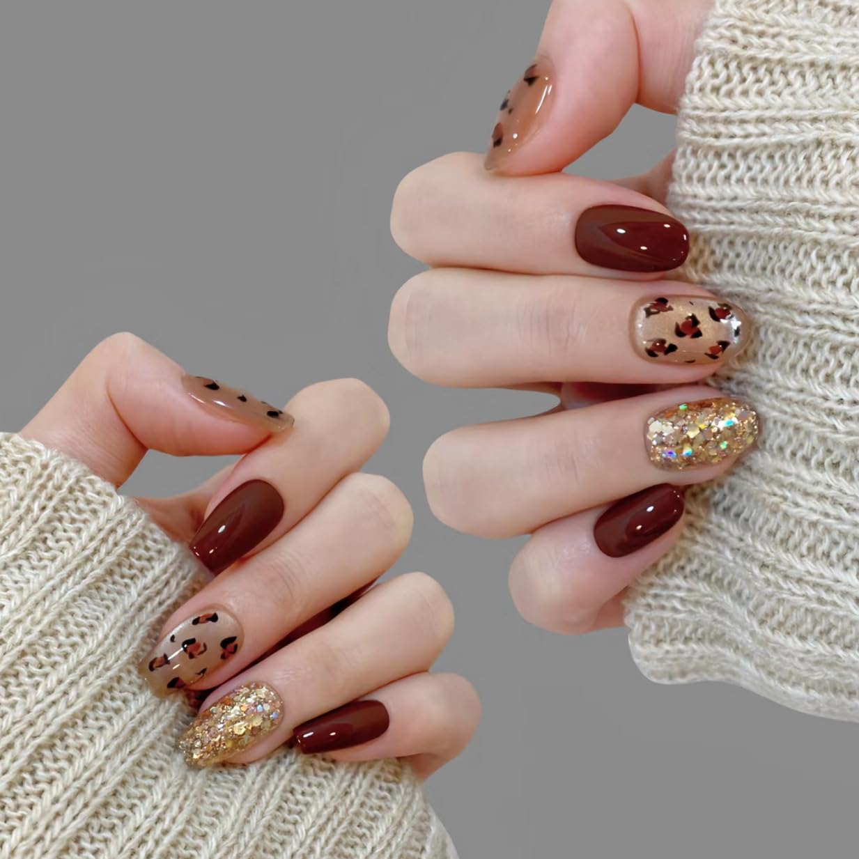 Set of 24 Wearable Short T-Shaped Detachable Nail Patches in Burgundy and Nude Shade with Glitter Leopard Print Design