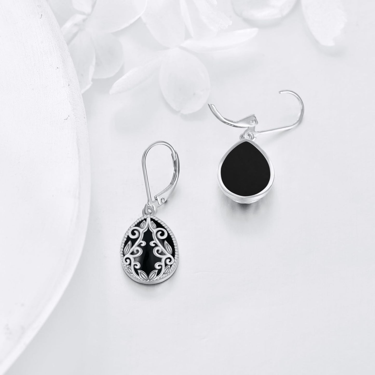 Black Onyx Drop Earrings 925 Sterling Silver Filigree Teardrop Dangle Leverback Earrings Jewelry Gifts for Women