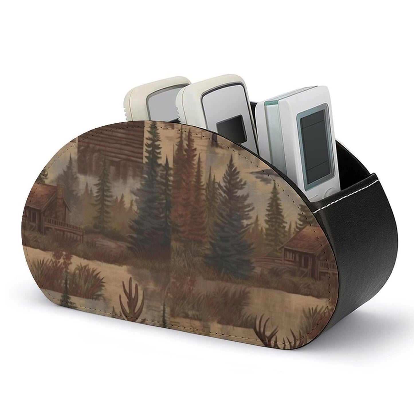 DWVSFJM Rustic Lodge Bear Moose Remote Control Holder Desk Storage Organizer Box PU Leather Remote Caddy with 5 Compartments Fashionable Pen Storage Box Modern Desktop Organizer