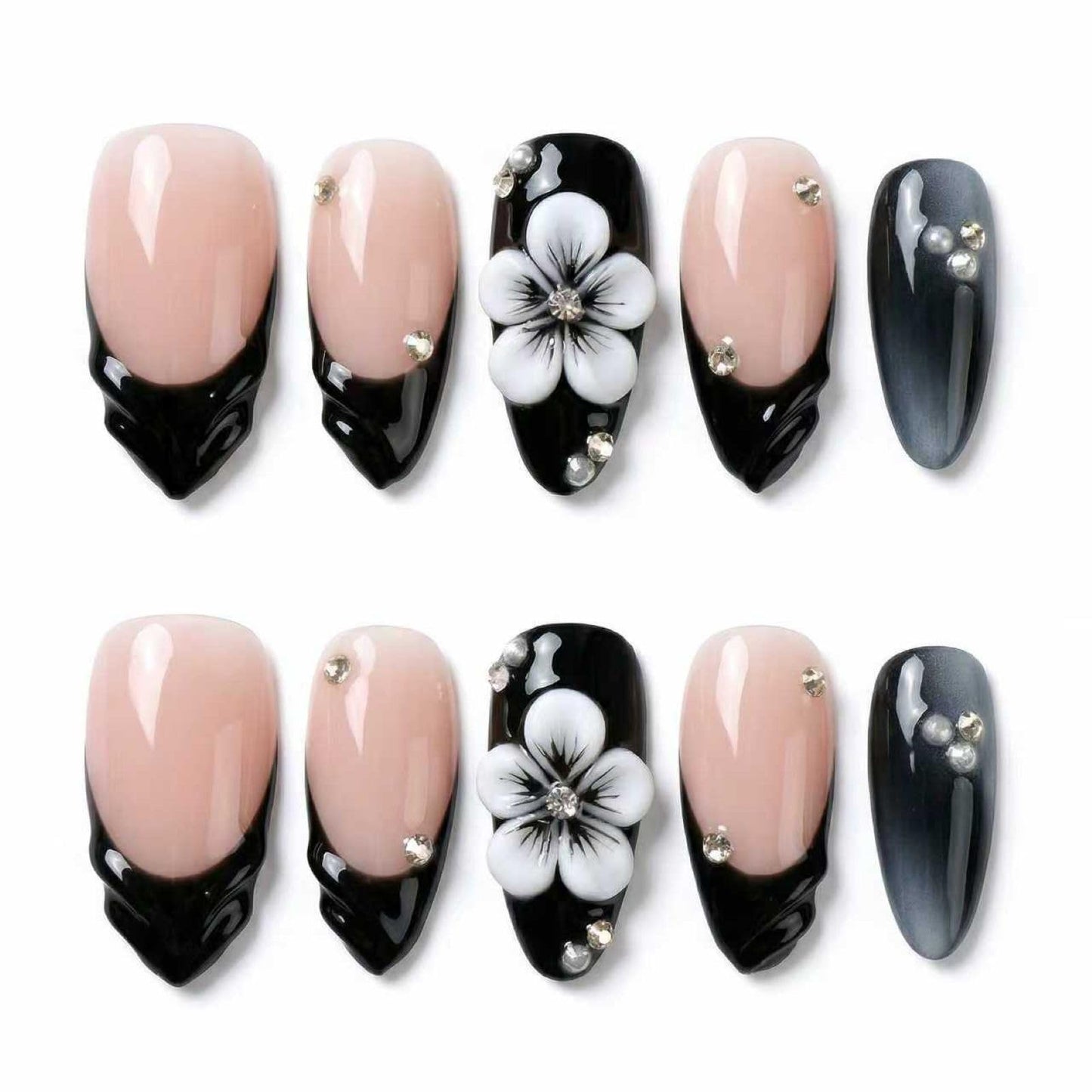 MikaJayboo Almond Press on Nails Medium Handmade Nude Base with Black French Tip Fake Nails with 3D White Flower & Rhinestone for Women Glue on Nails for Daily Party10Pcs(Size M)