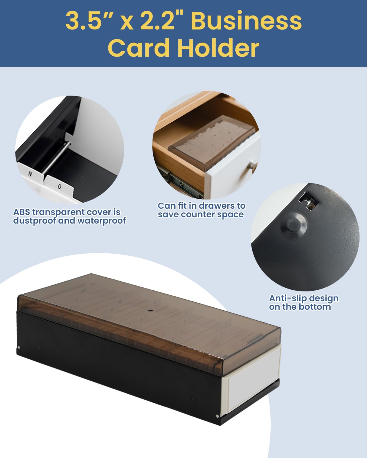 COTOSEA Business Card Holder for Desk, 800 Capacity Plastic Business Card Organizer Box, Desktop 3.5x2.2in Credit Flash Gift Cards Holder File Box Storage, A-Z Tabs, Metal Structure, Black