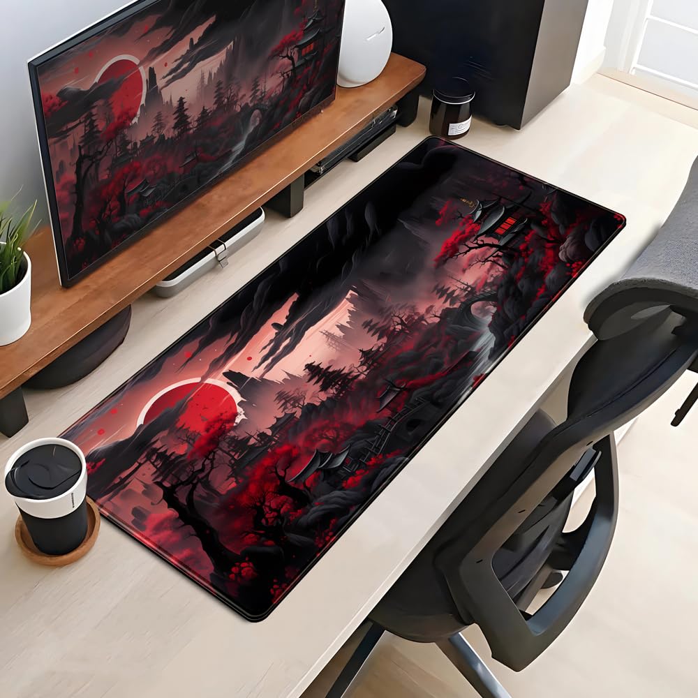 Riverside Full Moon Desk Pad Black Red Desk Mat Japanese Anime Extended XXL Keyboard Pad for Desk Gaming Computer Laptop Office Mouse Pad with Stitched Edges Non-Slip Large Computer Mat 31.5x11.8 in