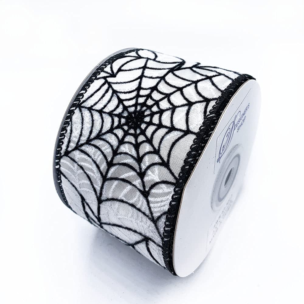 Designer’s Shop Halloween Wired Edge Ribbon 2.5” x 10 Yard for DIY Crafting, Home Décor (Spider Web- Black-White) WR 63-5113 Black Spider Web on White Satin Ribbon