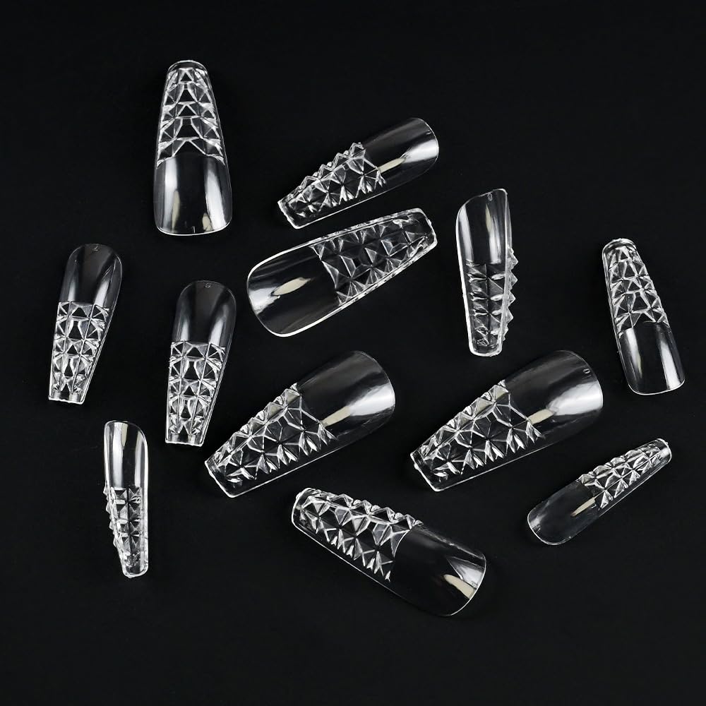 Chunmeng 120 Pcs Glitter Coffin Press On Nails, Clear Lace Mesh Design Long Acrylic Fake Nails, Gradient French False Nail Tips, Reusable Gel Stick On Nails For Women DIY Manicure Salon Nail Art