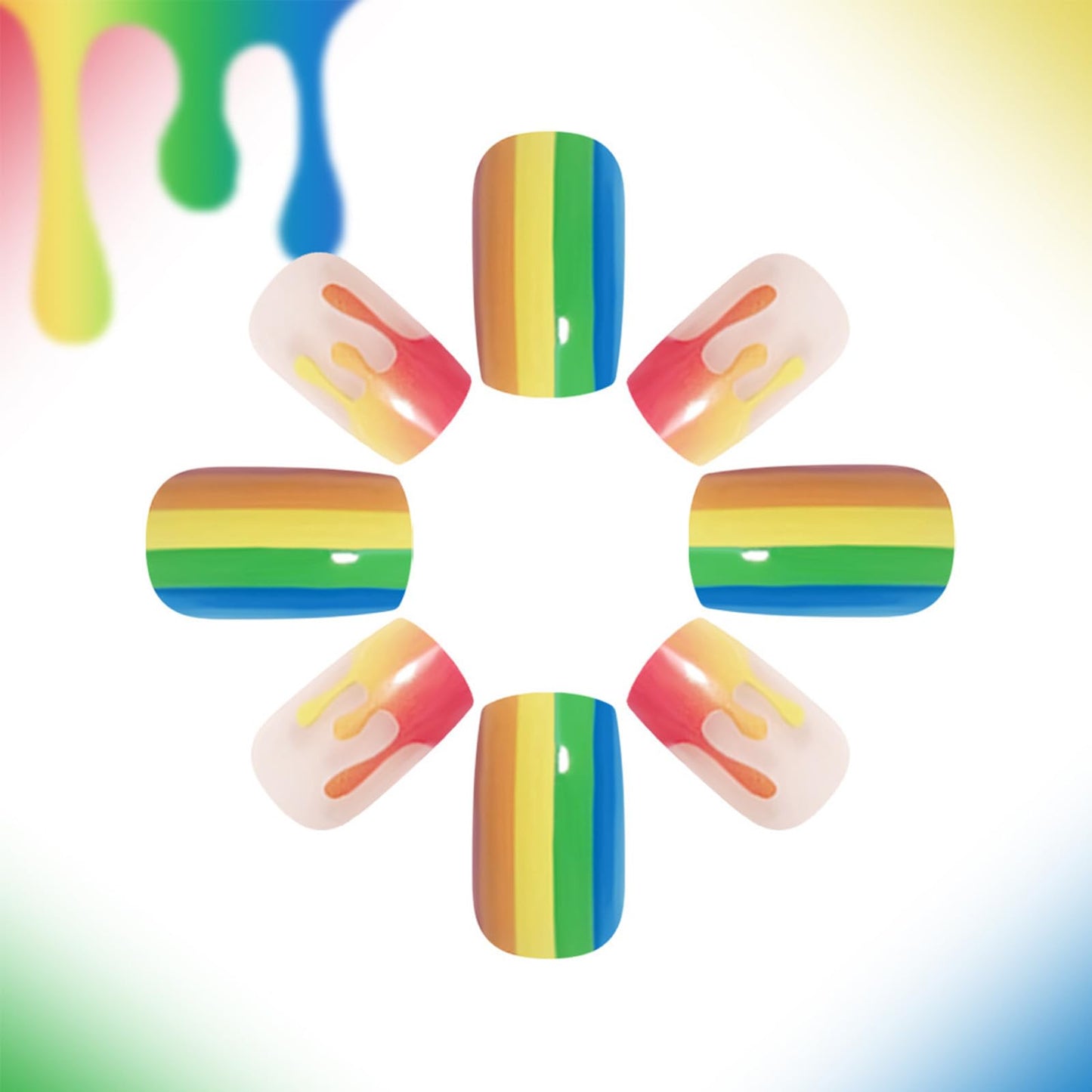 Rainbow Press on Nails Medium Square Fake Nails with Colorful Stripes Design Cute Summer Nails Press ons Glossy Full Cover Stick on Nail Artificial Glue on Nails for Women 24Pcs