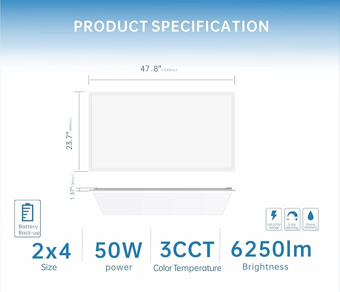2X4 LED Flat Panel Light with Emergency Battery Backup, 50W 3000K/4000K/5000K, 0-10V Dimmable, 6500 Lumens, LED Drop Ceiling Lights, 100-277V, DLC UL Listed, Ultra Thin Back-Lit (6 Pack)