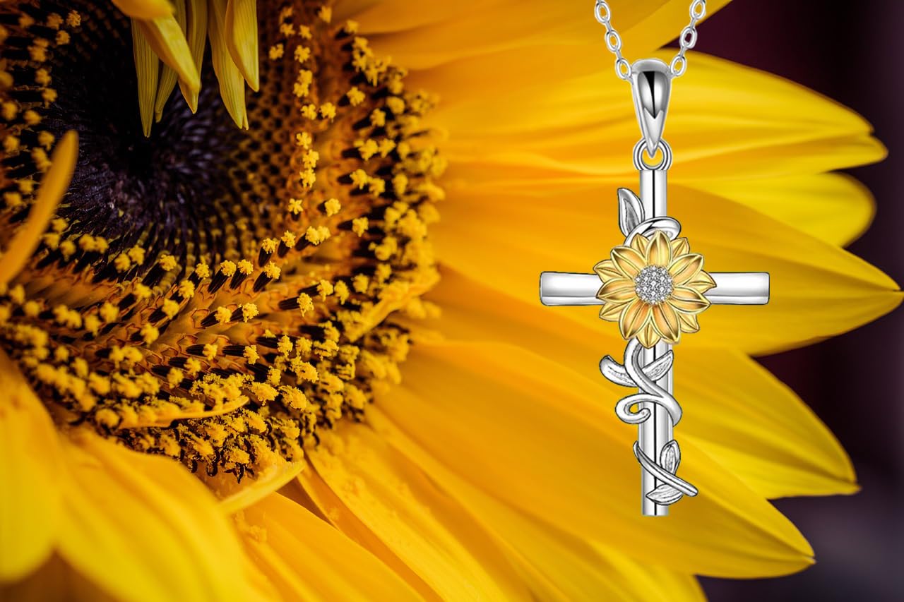 SHEAISRS Women's Sunflower Cross Necklace 925 Sterling Silver Delicate Sunflower Pendant for Women(Sunflower)