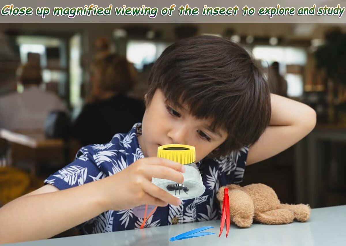 Bug Cather 5X Magnifyer Insect Jar Observation Kit Bug Viewer Built-in 7cm Ruler with 2 Plastic Tweezers Bug Catcher Kit for Kids Science Nature Exploration (4Pack, Yellow)