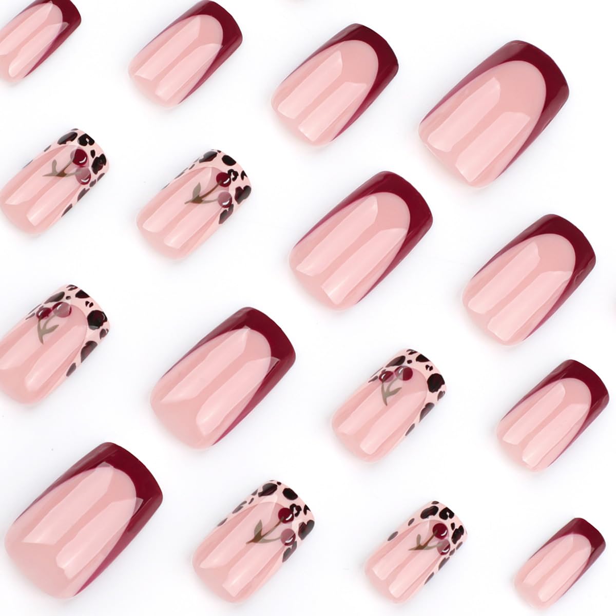 French Press On Nails Short Square, Pink Fake Nails with Leopard French Tips and Cherry Garnish Designs, Glossy Gel Finish Acrylic Press On Nails, Thick Natural Glue On Nails Kit, Leopard Cherry