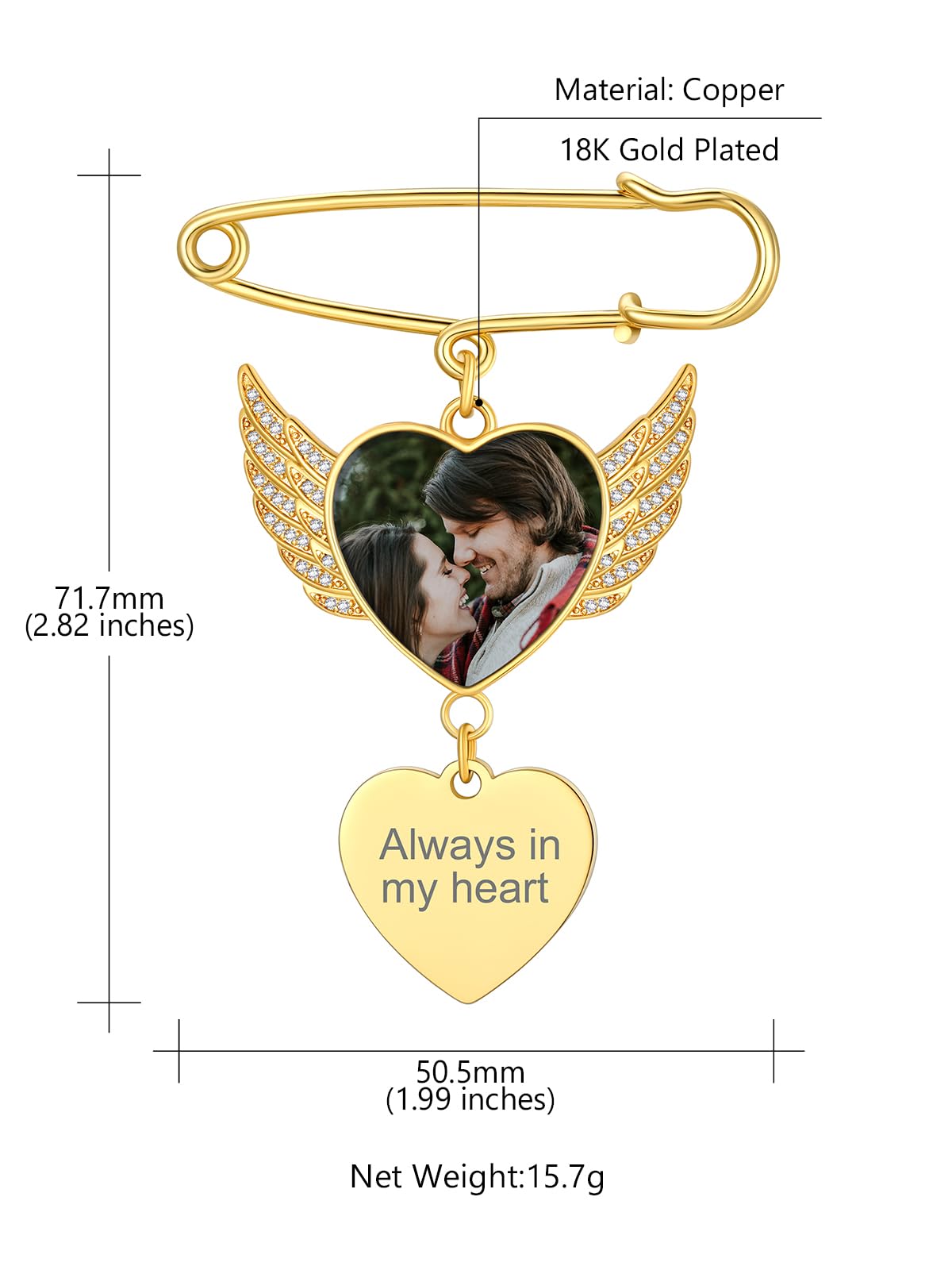 Custom4U Pictures Personalized Angel Wings Brooch with Cubic Zircons for Weddings Funeral Ceremonies