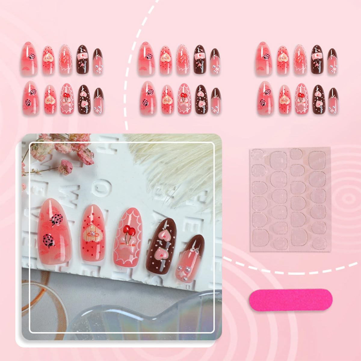 30Pcs Romantic Valentines Press on Nails Medium Almond Fake Nails with 3D Cherry Heart Bow Pearl Designs Cute Glue on Nail Sexy Red Lips False Nails Pink Acrylic Full Cover Stick on Nail for Women
