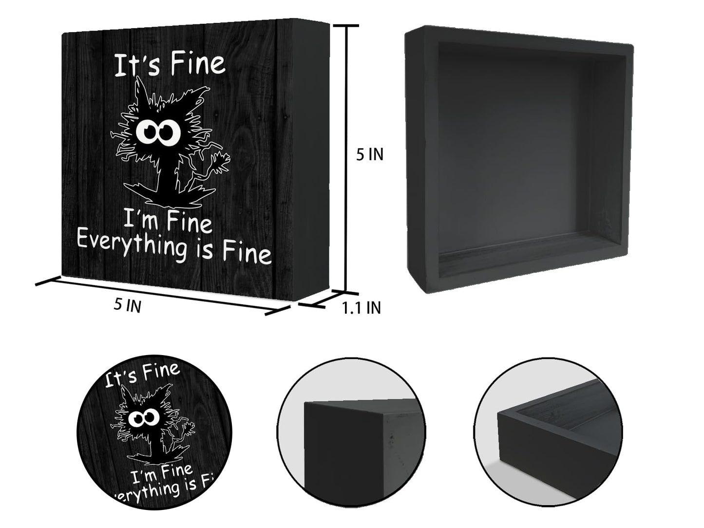 Mtrgdn Cat Office Decor Wooden Box Sign - It's Fine Everyone is Fine Frazzled Wood Desk Decorations for Home, Burlywood