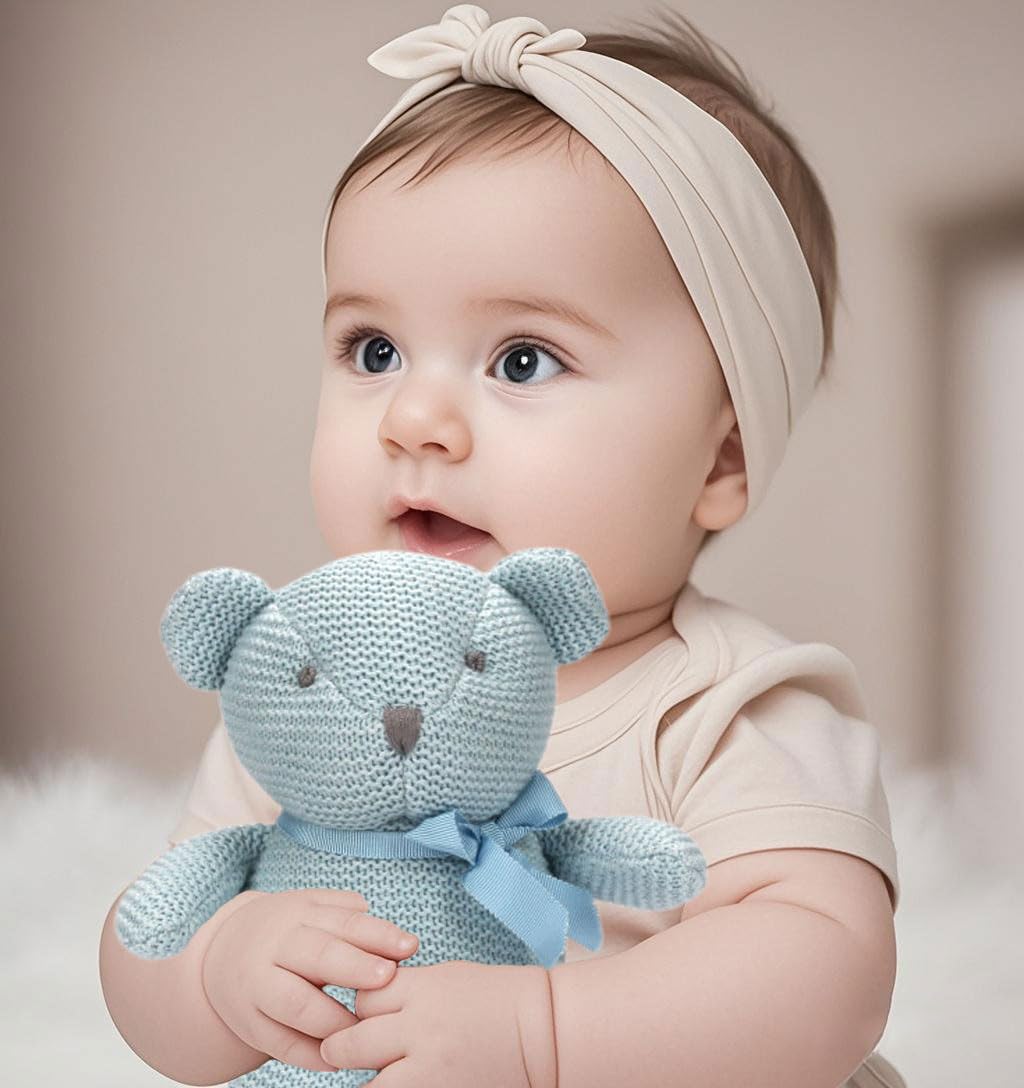 FLUFFYFUN 100% Organic Cotton Blue Teddy Bear Plush, 6.5" Baby Stuffed Animal for Newborn
