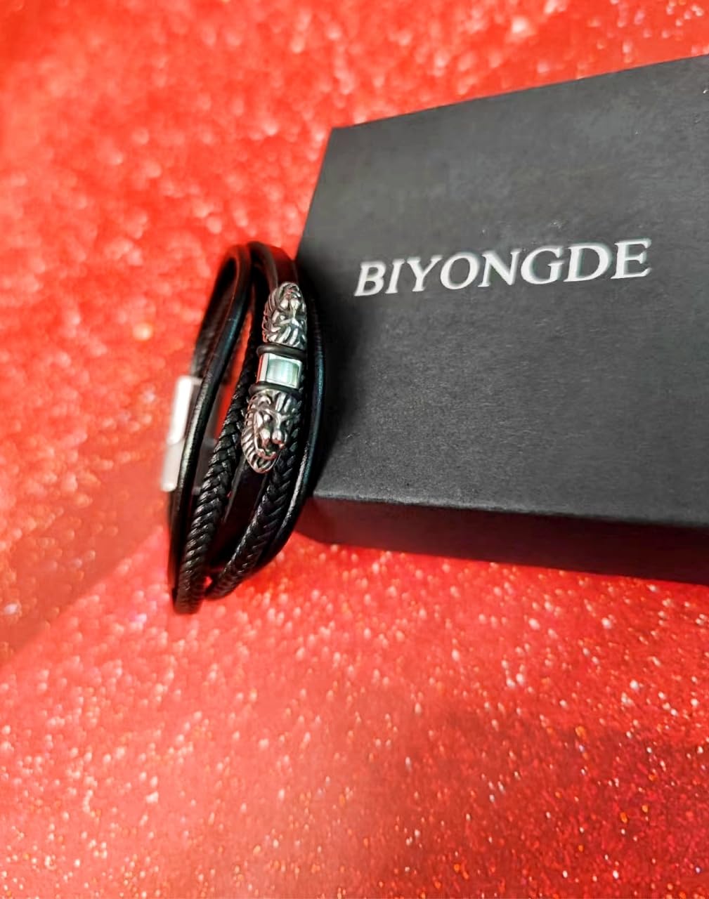 BIYONGDE Mens Stainless Steel Vintage Double Lion Heads Multi-strand Black Leather Bangle Bracelet, Minimalist Classic