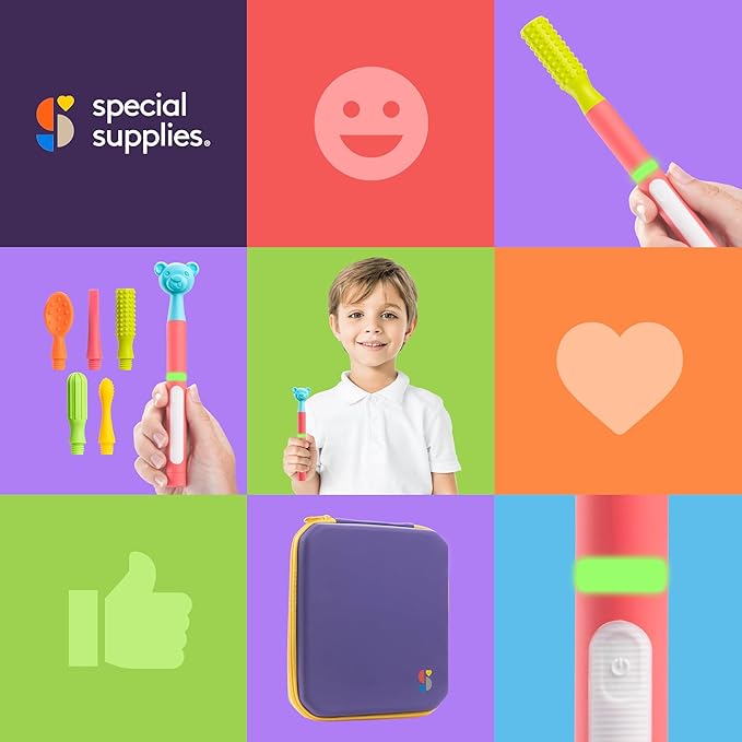 Special Supplies Buzz Buddy Oral Motor Stimulation kit with 6 Soft Textured Interchangeable Heads, Calm Sensory Needs, Support Speech, and Stimulate Self Feeding, Gentle Vibrations (Pink)