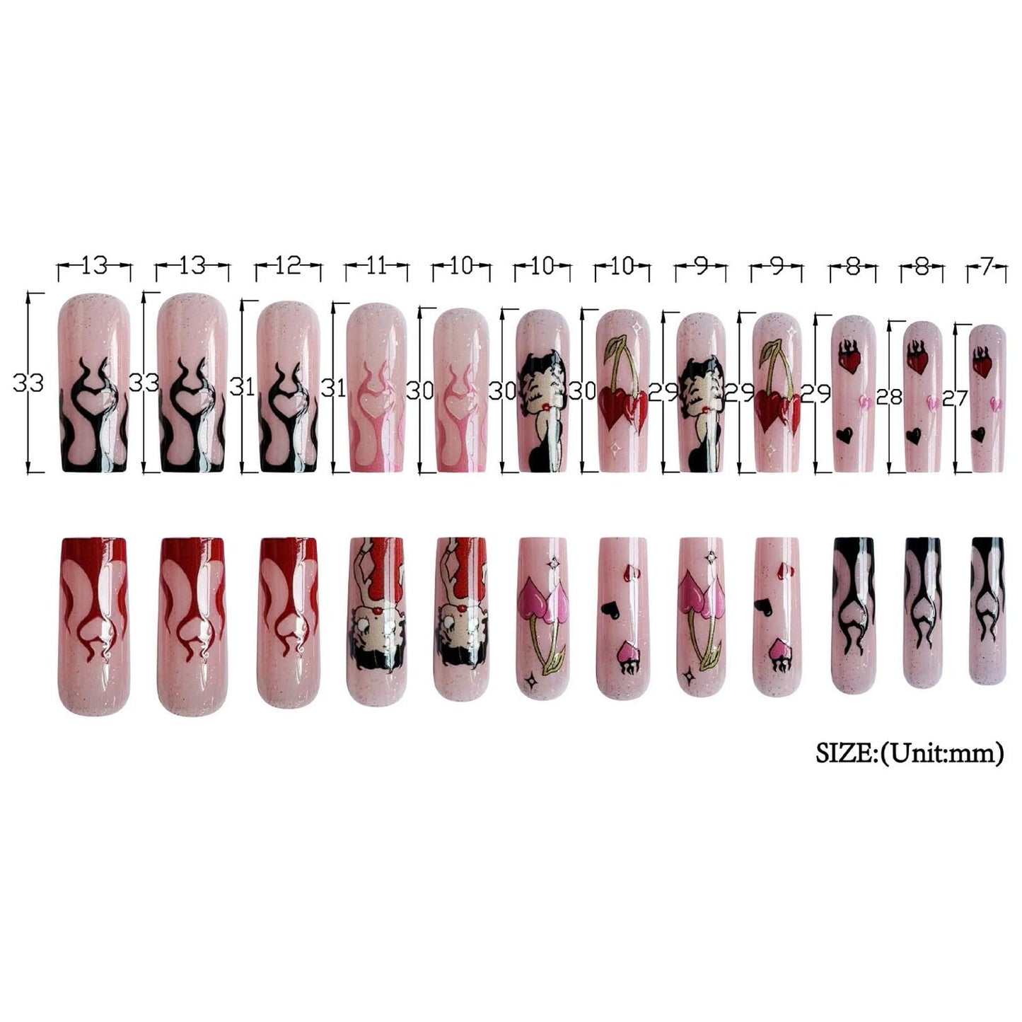 Halloween Press-On Nails Long with Cherry Flame Heart Designs - Nude Acrylic False Nails - 24pcs