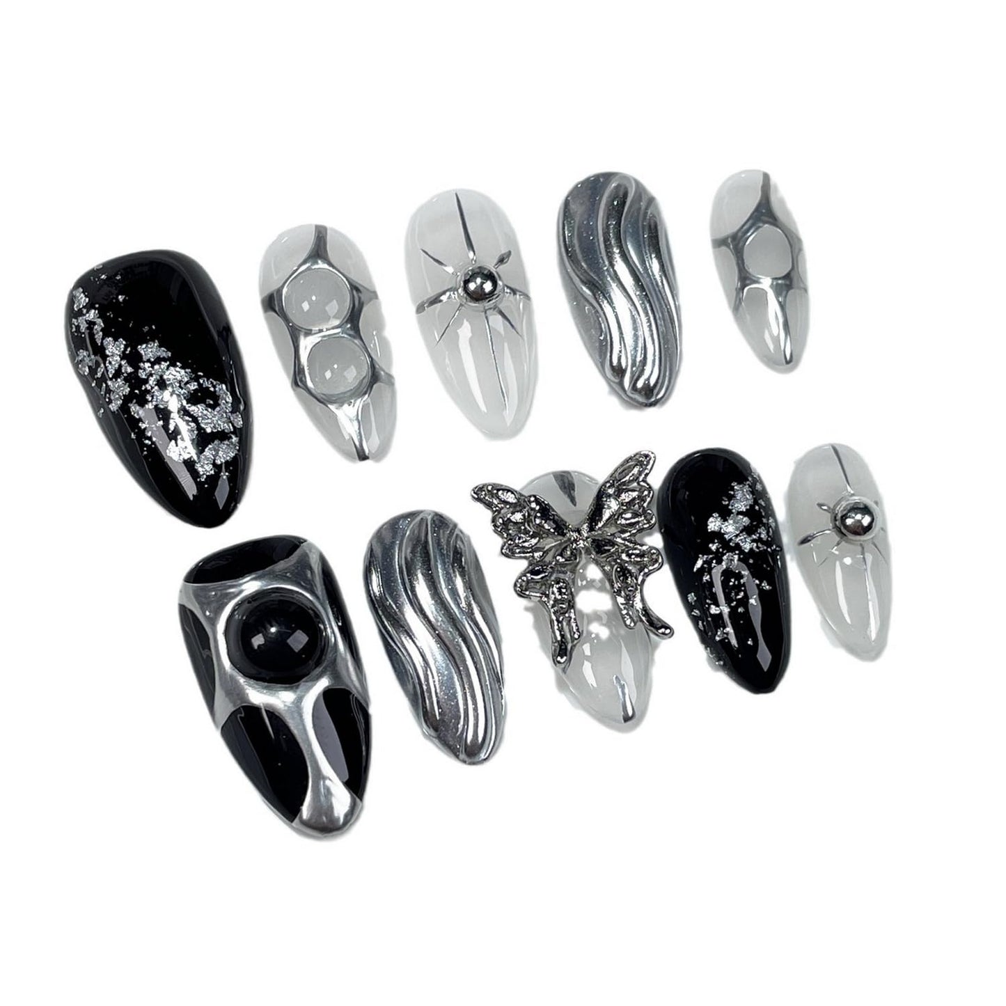 Black Press on Nails Medium Almond Fake Nails with 3D Metal Butterfly Irregular Silver Design Handmade False Nails Sequin Full Cover Artificial Nails Stick on Nail for Women DIY Tips (M)
