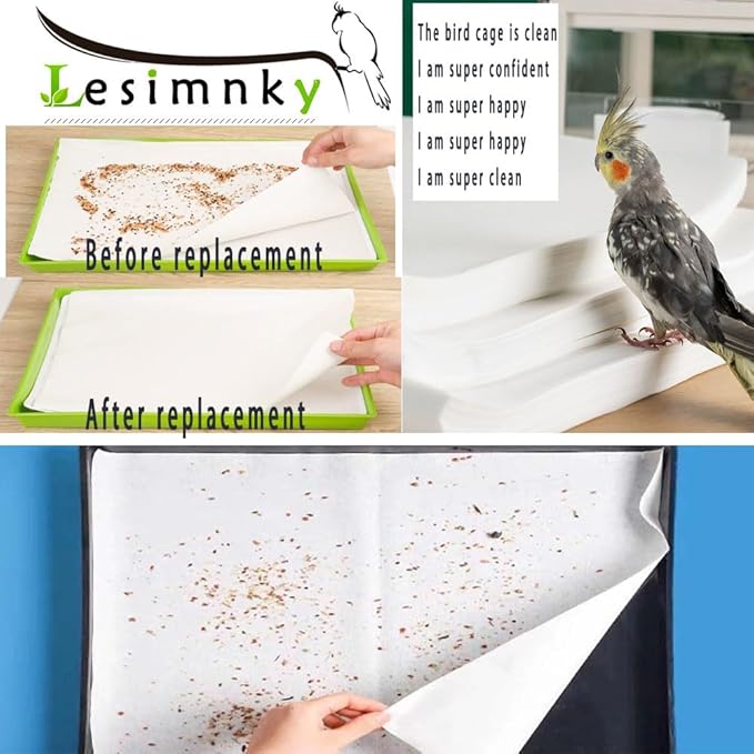 Lesimnky 100pcs Bird Cage Liner Papers,11×20in Big Size Disposable Non-Woven Cage Paper Liners Precut Absorbent Cushion Pad Mat Accessories for Pet Bird Parrot