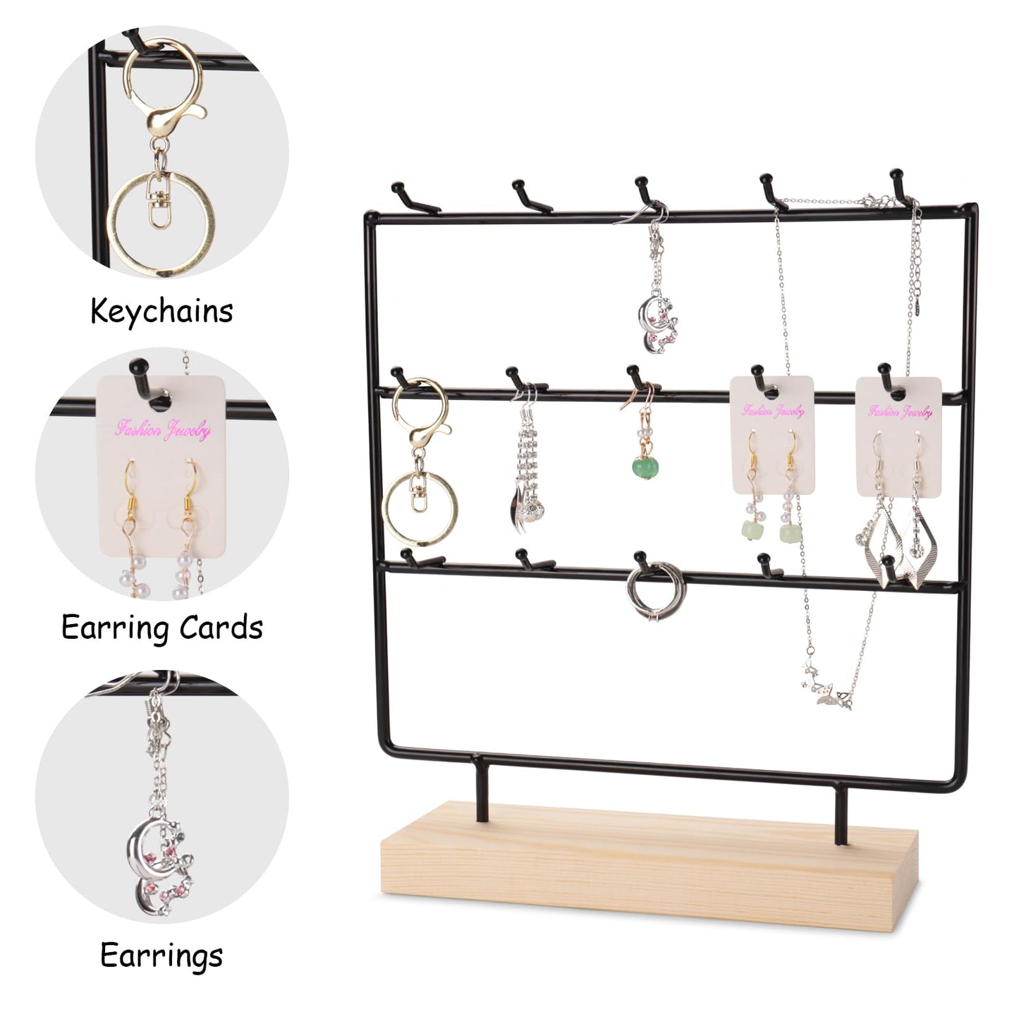 RUINENGDA Earring Display Stands for Selling 3 Tier 15 Hooks Jewelry Display Wooden Base Earring Holder Organizer Display Stand for Necklaces Rings Bracelets Keychains (Black)