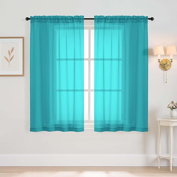 Turquoise Window Sheer Curtains 45 Inches Length, Voile Short Curtains for Living Room Bedroom, Modern Soft Window Drapes 2 Panels Set, Top Dual Rod Pocket Design, 2x42Wx45L Inches