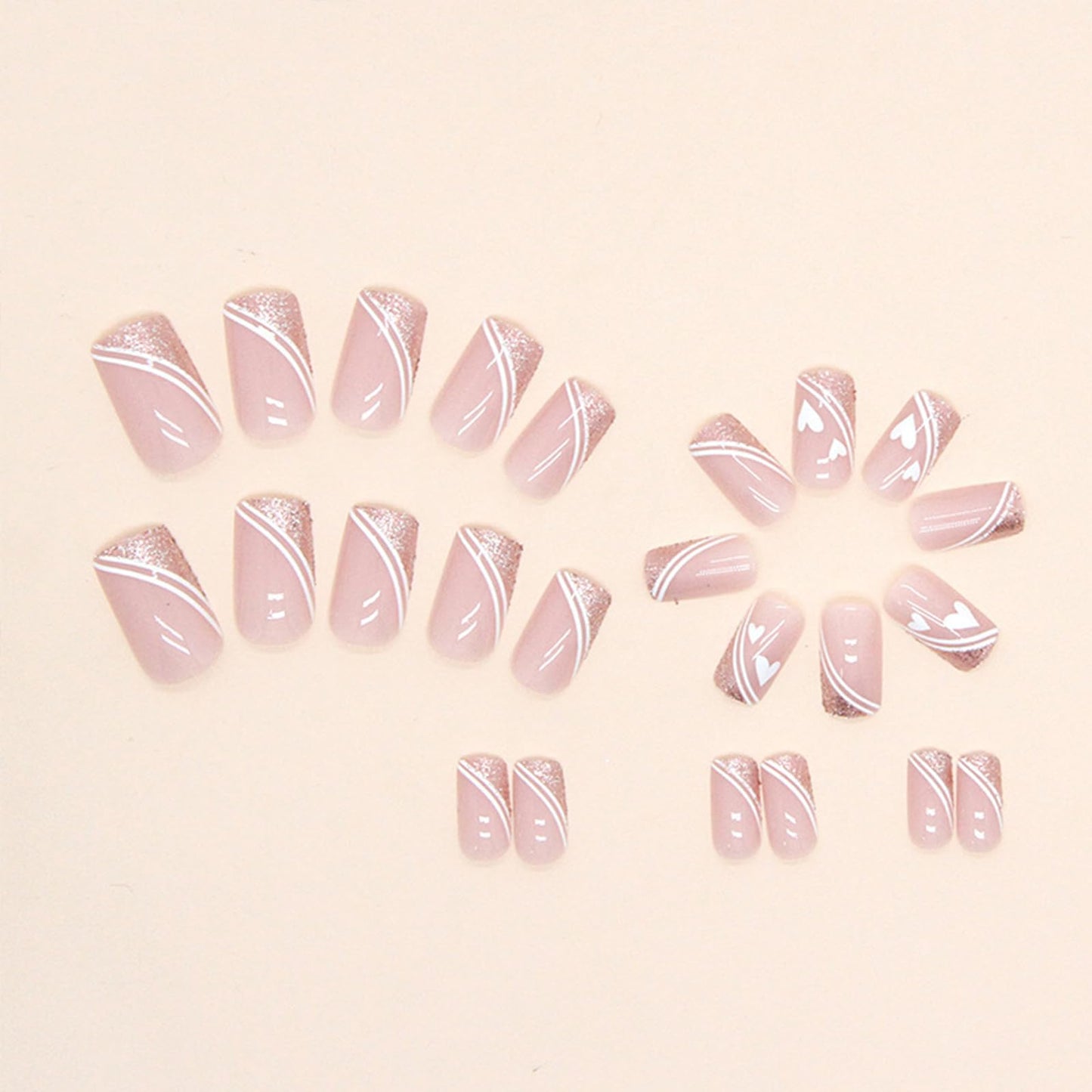 Puyokinm Press-on Nails, 24Pcs Pink Glitter Square, Medium False Nails with Jelly Glue, Full Cover, Acrylic ABS, Art Deco Style for Women Manicure