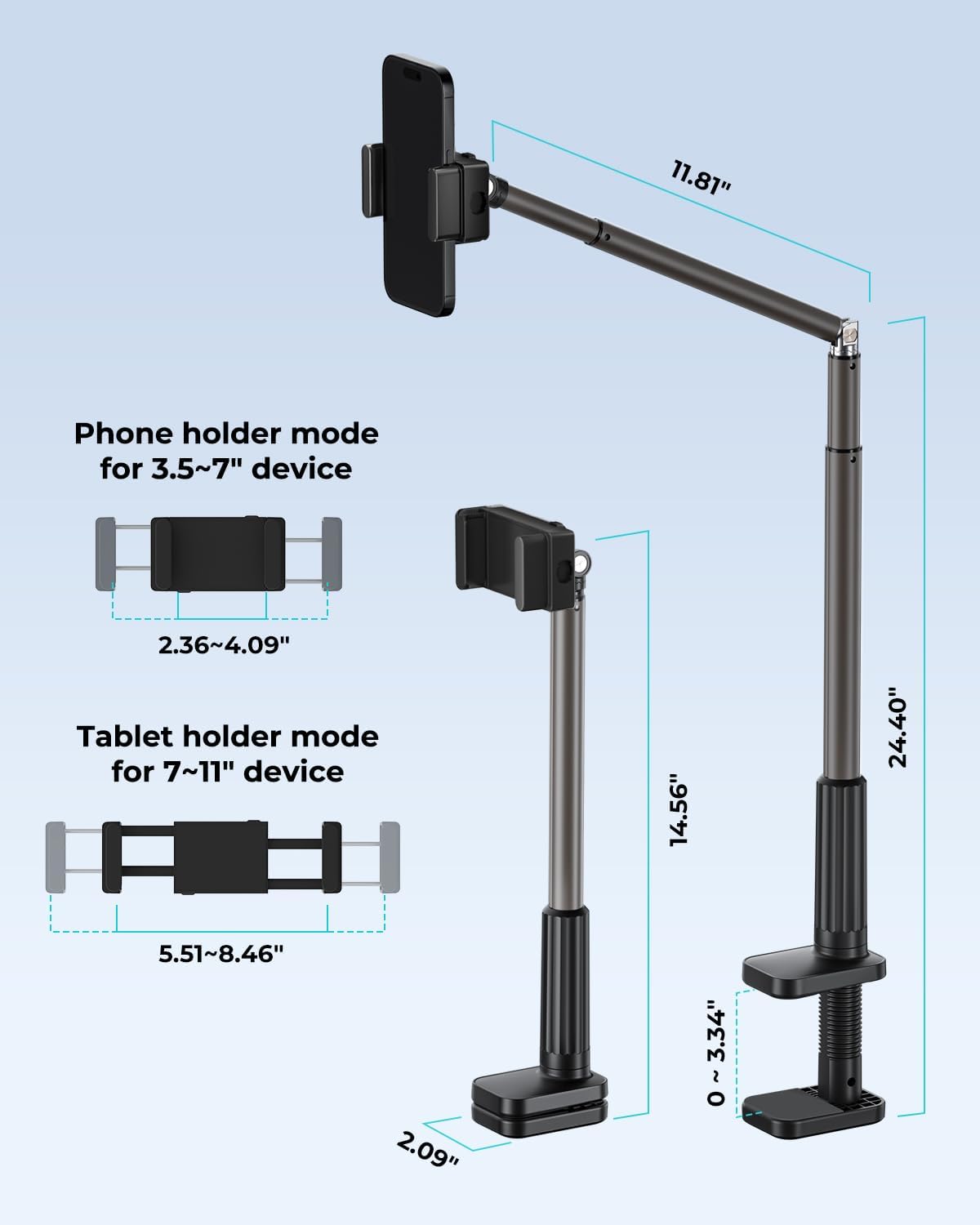 Viozon Tablet Holder Stand, Phone/Kindle Holder with Flexible Aluminum Alloy Long Arm, C Clamp for Headboard Bedside&Table, Compatible with 3.5-11" iPad,Kindle, iPhone 15 14 Plus/Pro Max,B