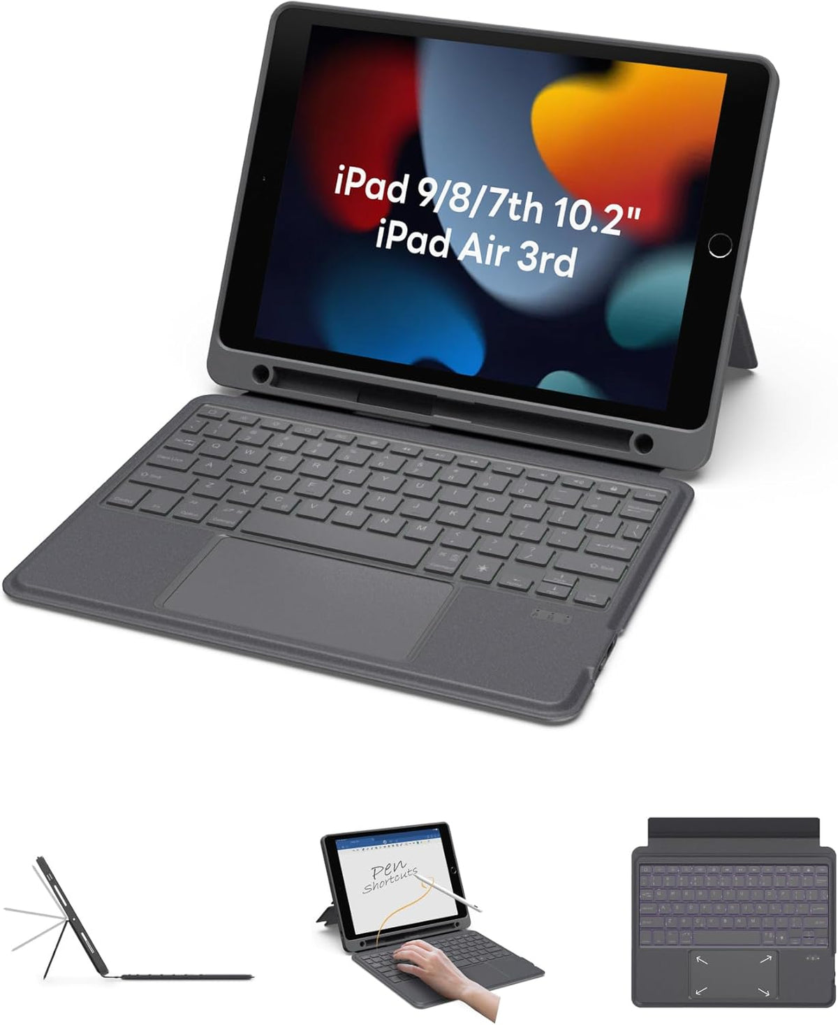 EIP Bluetooth Keyboard Case for iPad 10.2 inch (7th/8th/9th Gen) & iPad Air 10.5 inch (3rd Gen), 10.2 "Magnetic Detachable Cover with Trackpad, 7-Color Backlit Keys, Slim Protective Smart Case