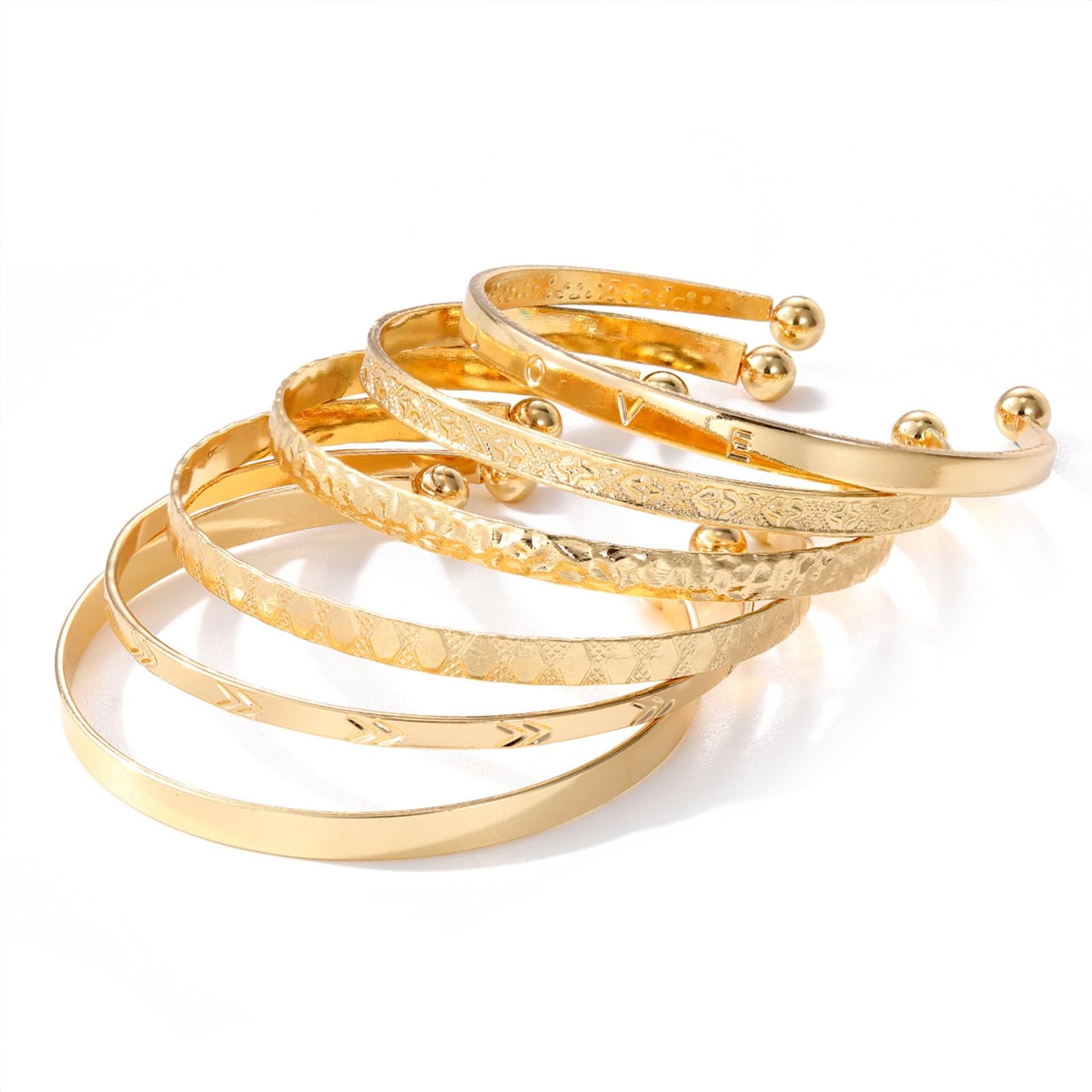 IFKM Gold Bangle Bracelets For Women, 14k Gold Plated Multi Layer Stackable Cuff Bracelet Set, Trendy Elegance Charms Non Tarnish Minimalist Textured Boho Jewelry Gift (6pcs Love)