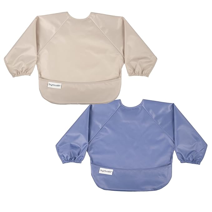 Tiny Twinkle Long Sleeve Bib for Babies & Toddlers – 2 Pack Waterproof Smock Bibs for Eating – Machine Washable & Mess-Proof, Baby Feeding Essential & Shower Must-Have (Periwinkle Putty,6–24M)