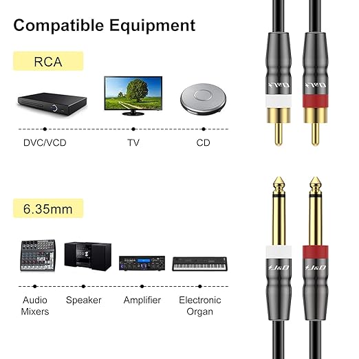 J&D Dual 1/4 inch TS to Dual RCA Cable, Heavy Duty 1/4 Male to RCA Male Adapter Stereo Audio Interconnect Quarter inch Cable, 15 Feet