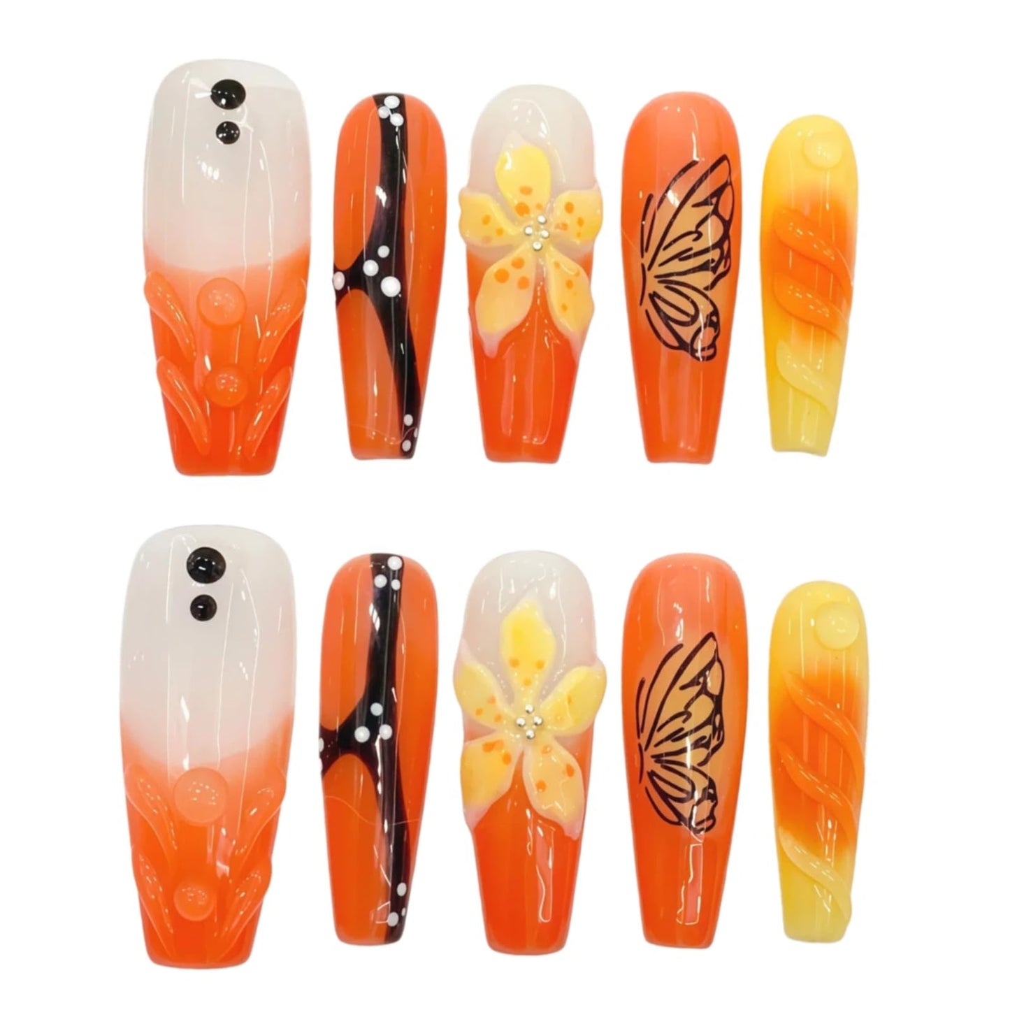 Tesytto Orange Press On Nails Long Coffin - 3D Flowers Hand-Painted Butterflies French Tip Yellow Floral Acrylic Nail for Women (Mango Sago,S)