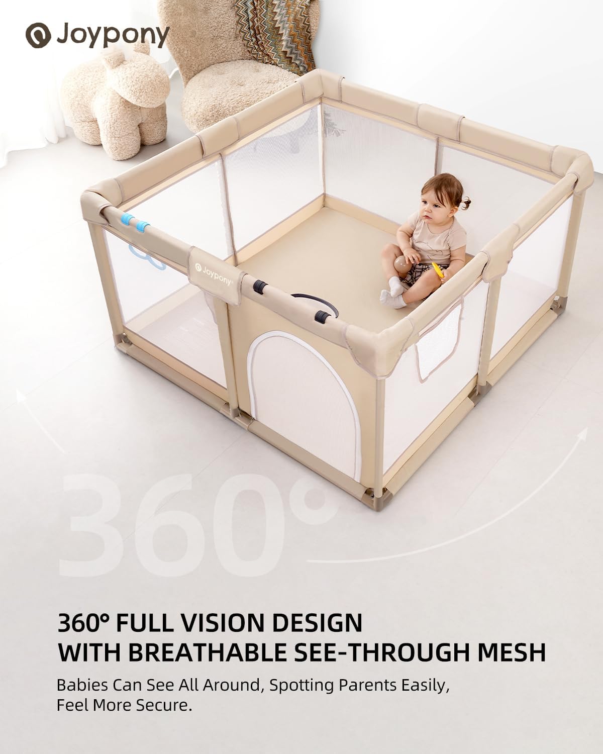 Joypony Baby Playpen, 50x50 in Small Play Pen for Babies and Toddlers, Playpen for Kids with Gate, Indoors Play Yard with Soft Breathable Mesh (Beige)