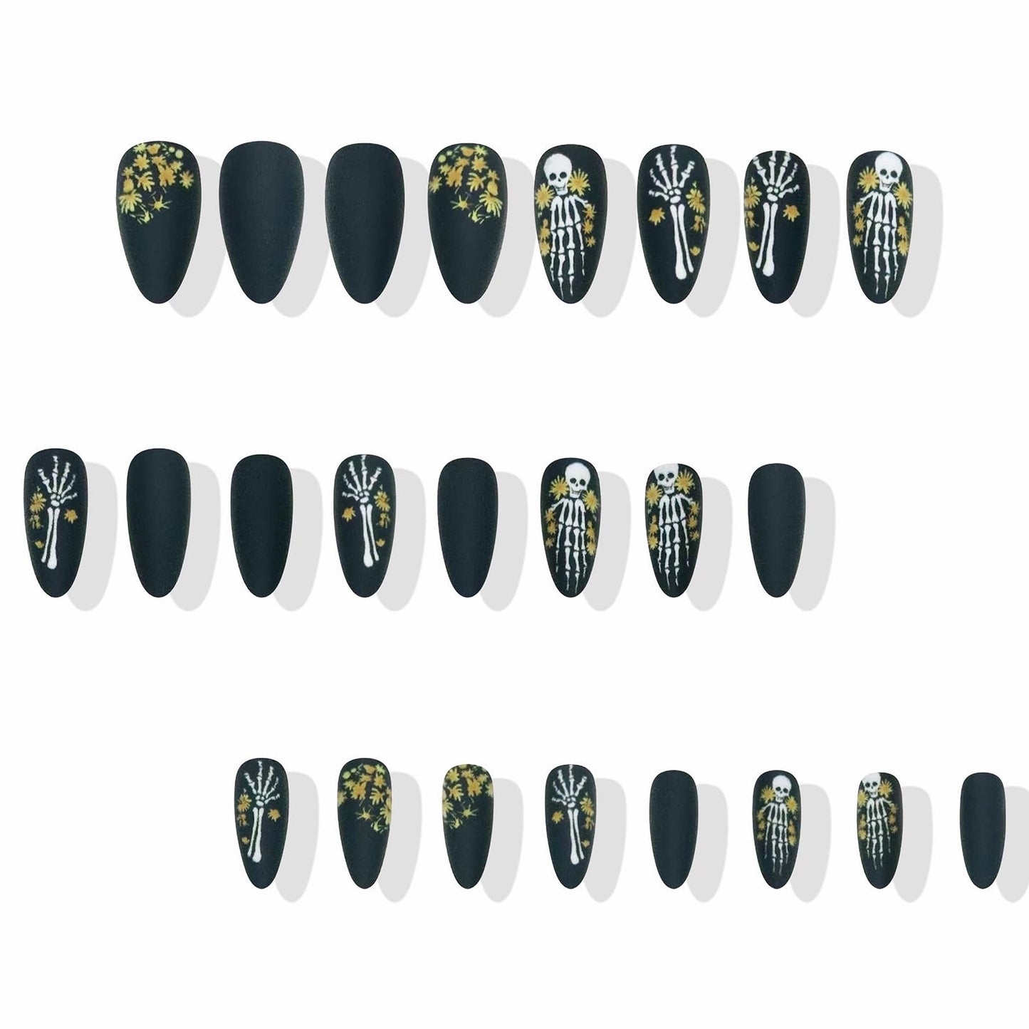 MISUD Press on Nails - Medium Almond Glue on Nails with Goth Black, Acrylic Gothic Skull Design 24 pcs