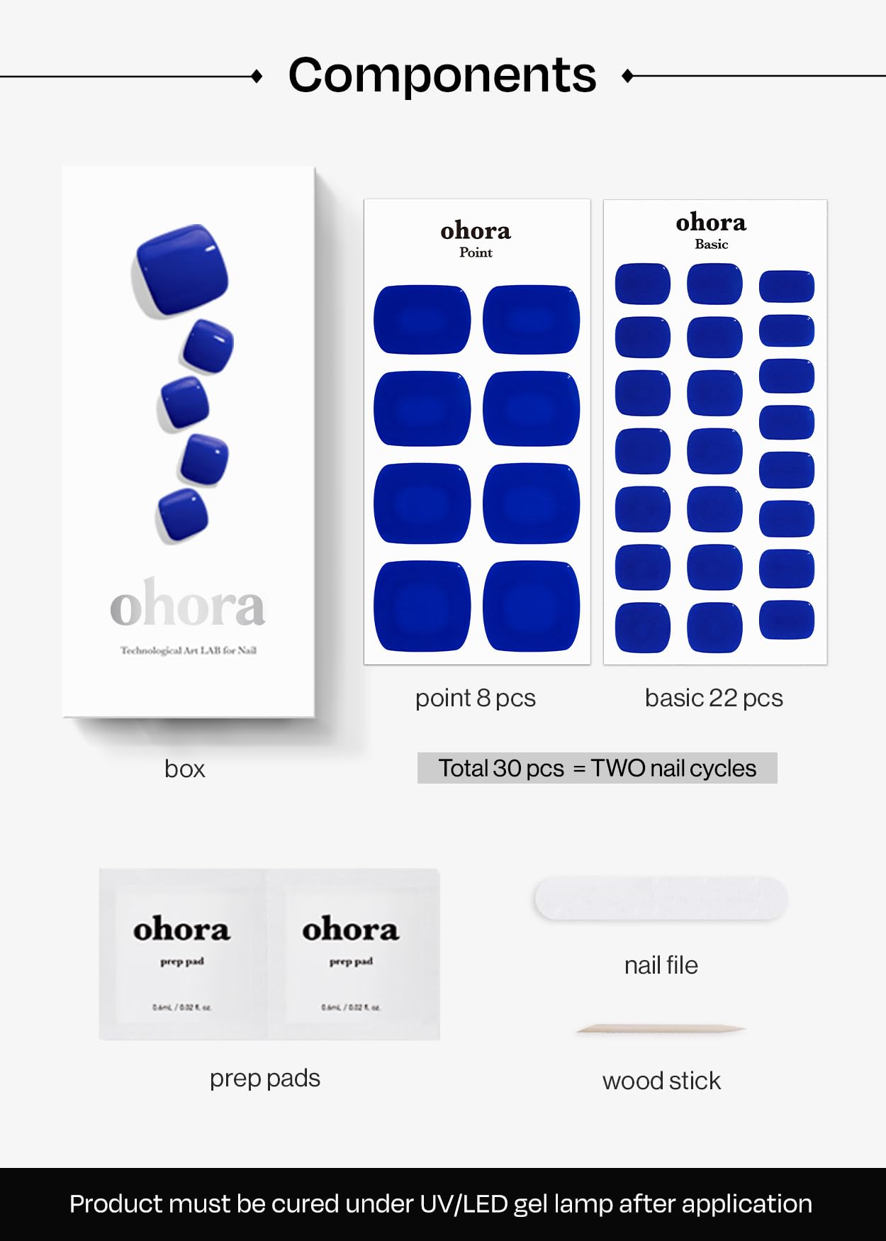 ohora Semi Cured Gel Pedi Strips (P Cobalt Blue) - Blue, Solid, Works with Any UV/LED Lamps, Salon-Quality, Long Lasting, Easy to Apply & Remove - Includes 2 Prep Pads, Nail File & Wooden Stick