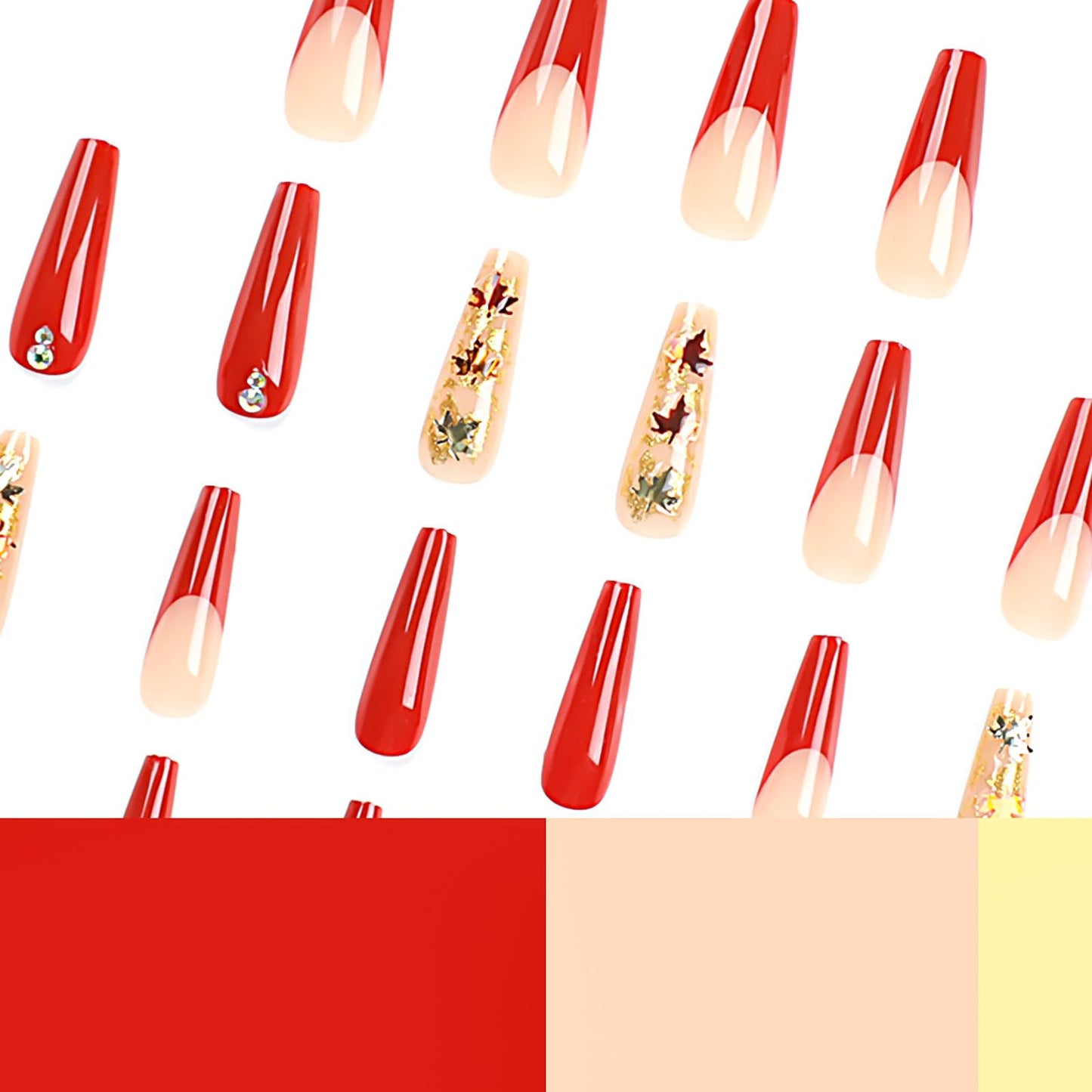 RTKHFZE Fall Press on Nails Long,Coffin Fake Nails with Glitter Fall Maple Leaves and Rhinestones Designs Acrylic Nails Red French Full Cover False Nails Stick on Nail for Women Manicure 24Pcs