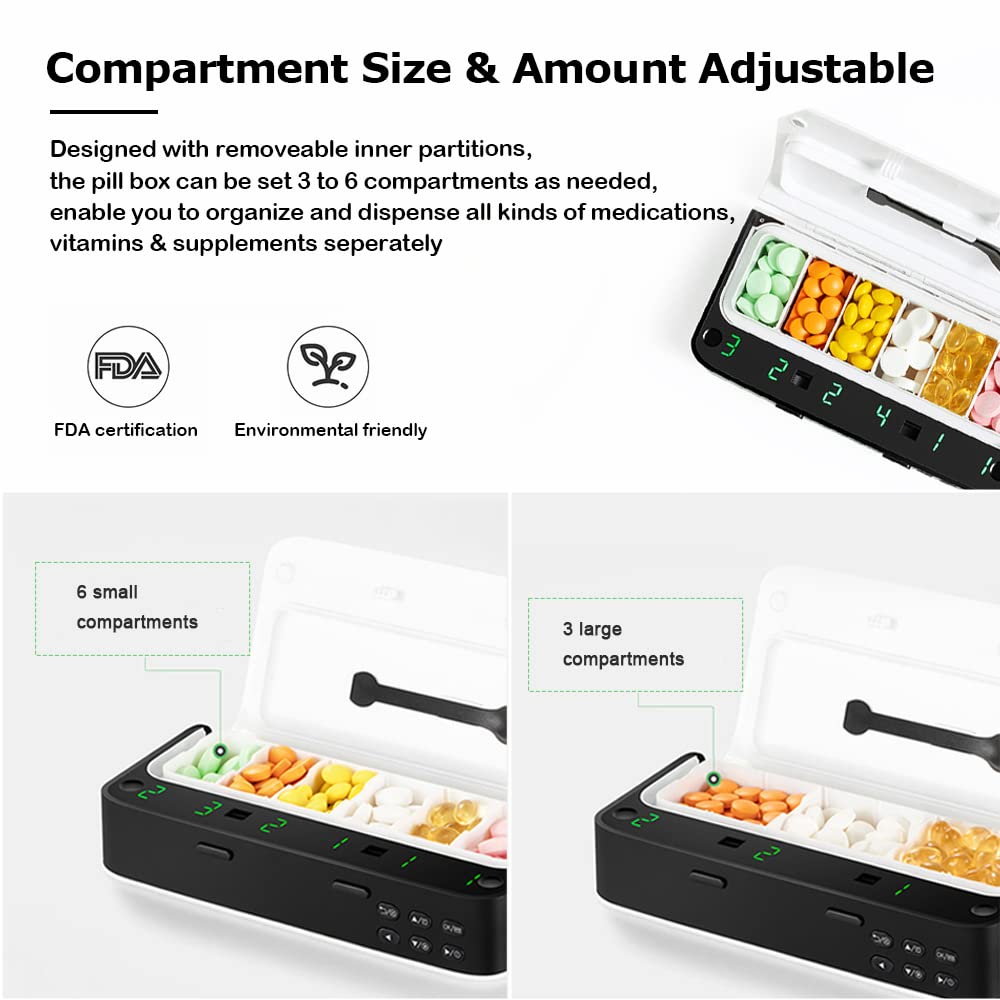 Pill Dispenser with Alarm, Daily Medicine Pill Organizer with up to 7 Alarms A Day,Smart Pill Box 6 Compartments, Christmas Thanksgiving Gift Pill Reminder for Elderly (Blue)