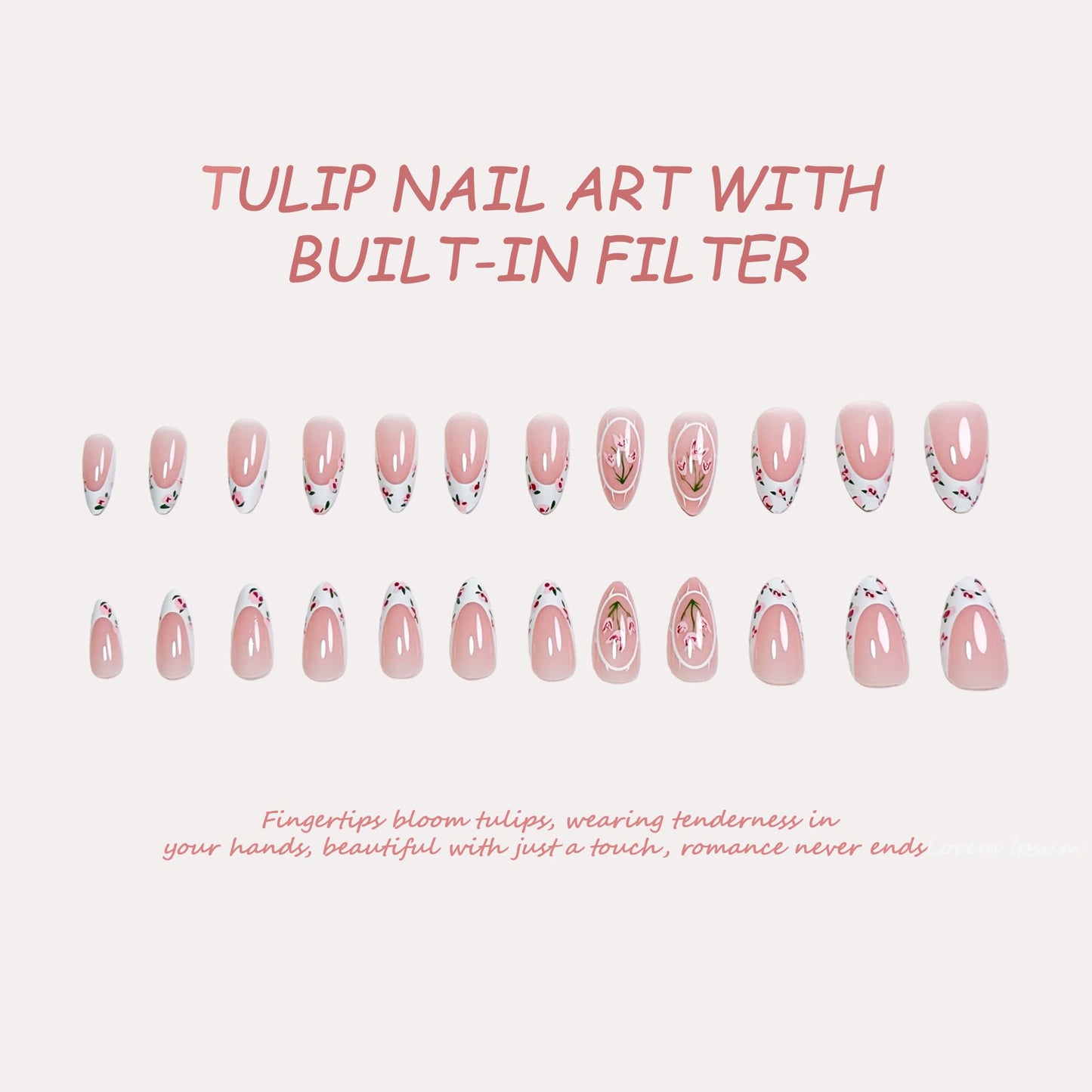 COOCRENAILS Press on Nails, Spring Tulip French Tip, Almond Floral Manicure Set with Botanical Design, 24 Pcs On Nails for Effortless Elegance