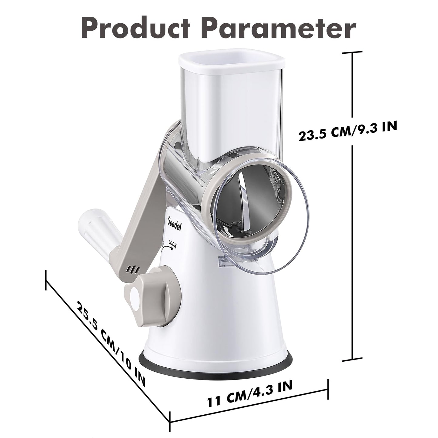Geedel Rotary Cheese Grater, Kitchen Mandoline Vegetable Slicer with 3 Interchangeable Blades, Easy to Clean Rotary Grater Slicer for Fruit, Vegetables, Nuts