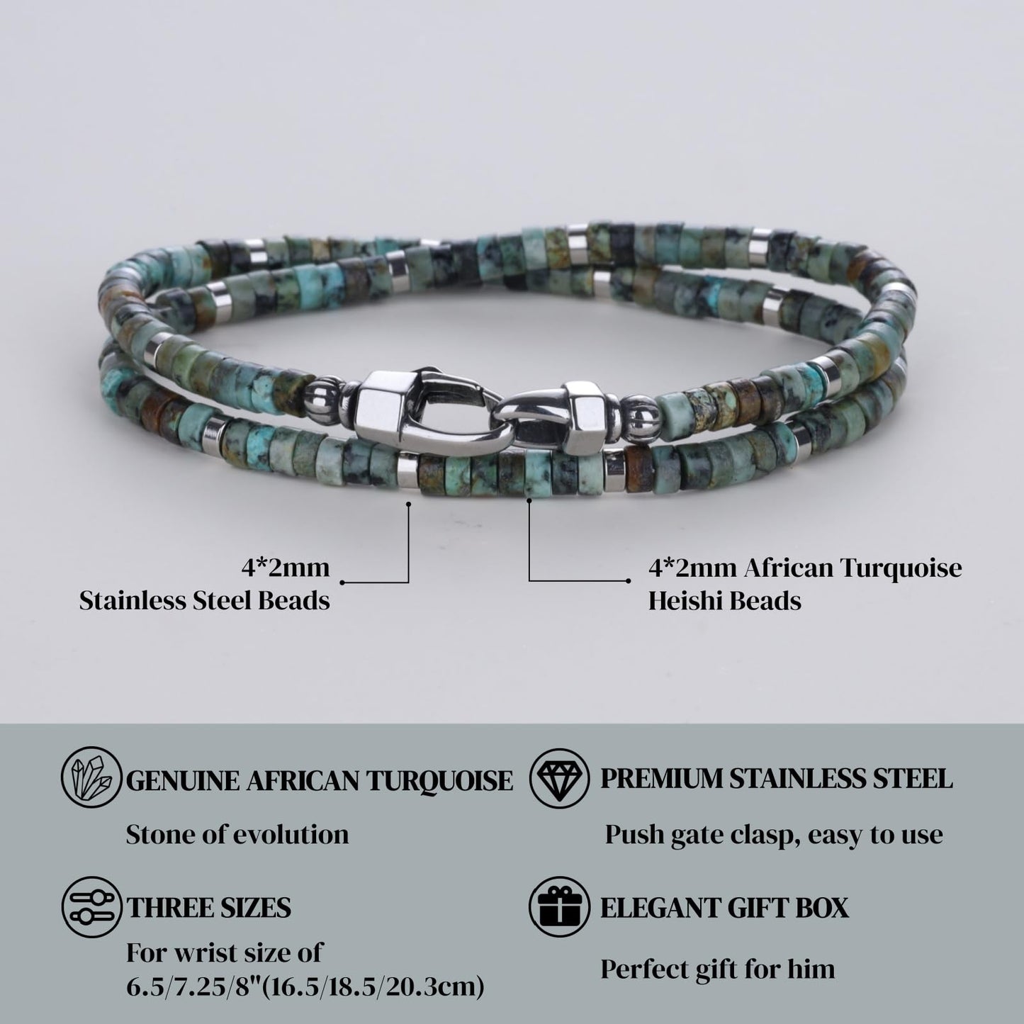 COAI African Turquoise Bracelet for Men, Layered Beaded Gemstone Bracelet for Men L