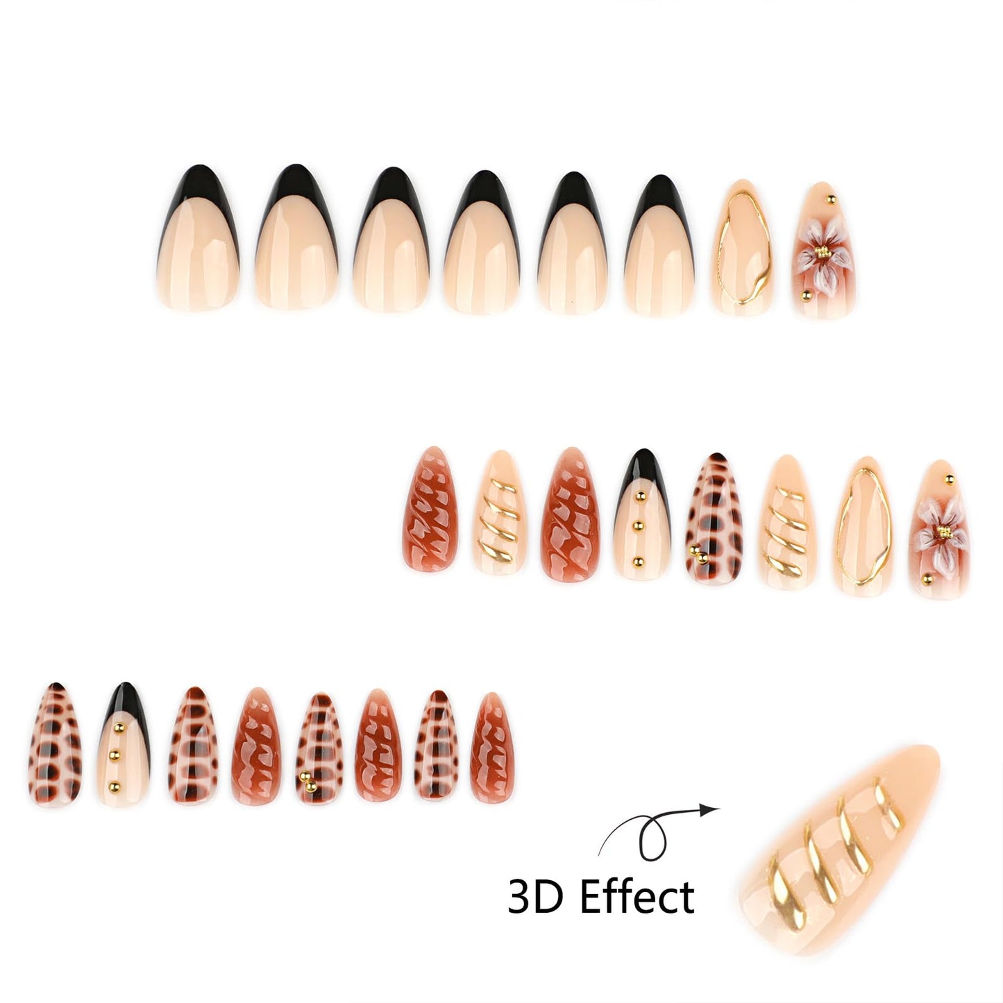 Mivota Brown Soft Gel Press On Nails 24PCS – Mixed Texture Almond Fake Nails with 3D Flower Design, Gold Edge & Snake Pattern, Glossy Reusable Glue On Nails for Women, Trendy Fall Nail Tips