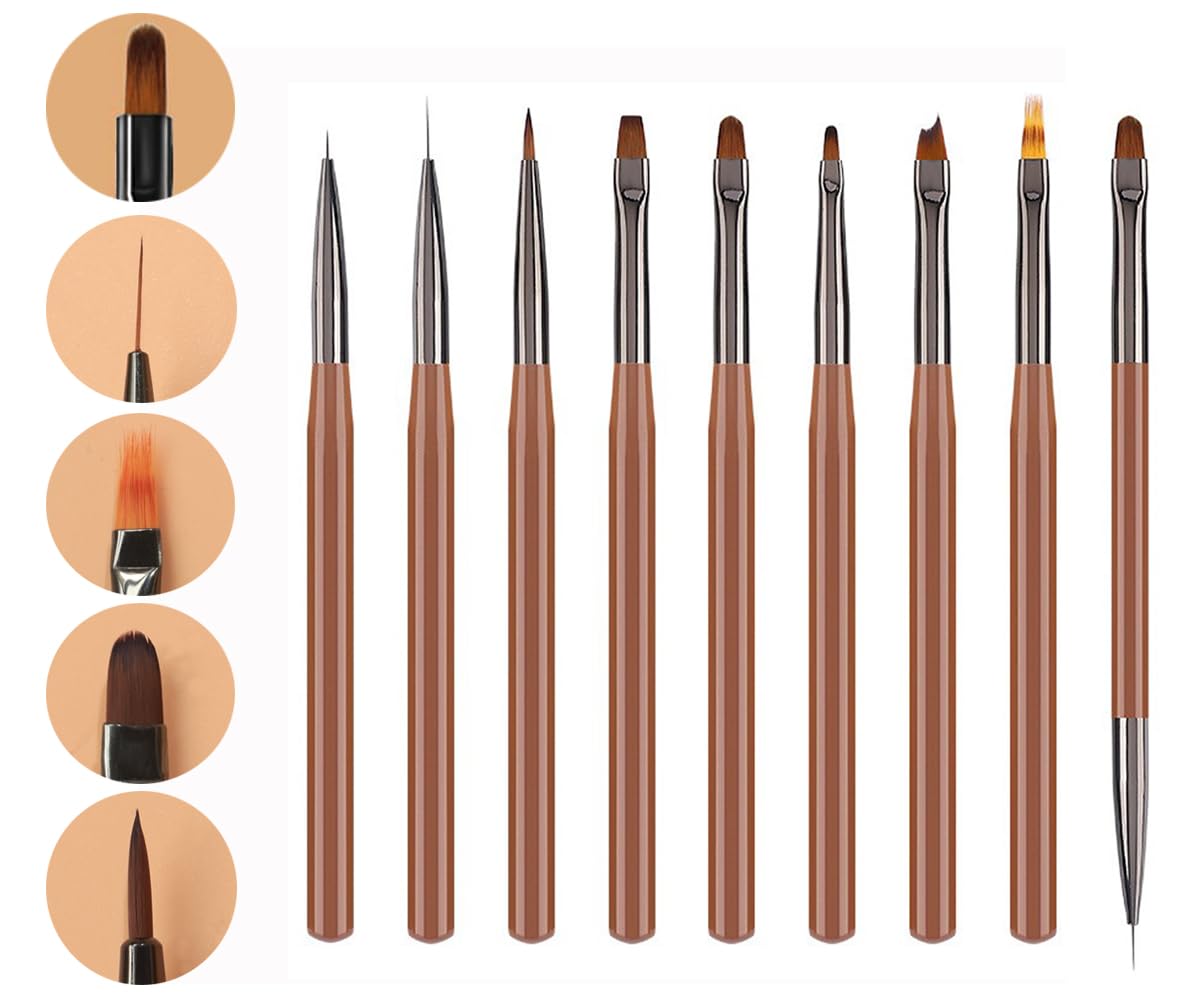 MIKOWEN 9PCS Nail Art Brushes Nail Art Tool Set Striping for Long Lines Nail Drawing Pen For Nail Design Brushes for Gel Polish Clean Up Brushes 3D Nail Art Decorations for DIY Manicure, Brown